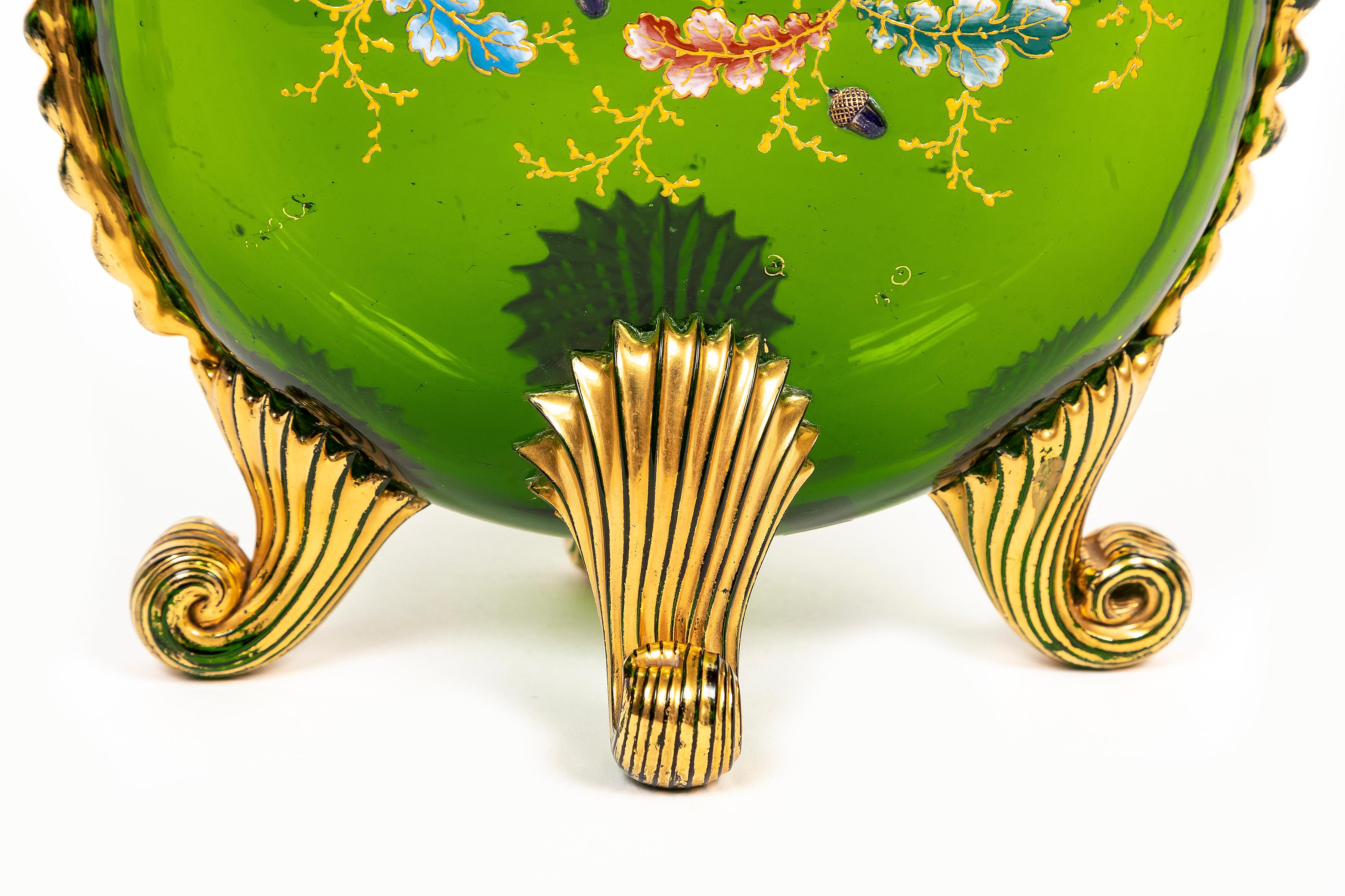 Two Green Moser Crystal Pillow Vases w/ Applied Raised Enamel Falcons and Acorns en vente 6