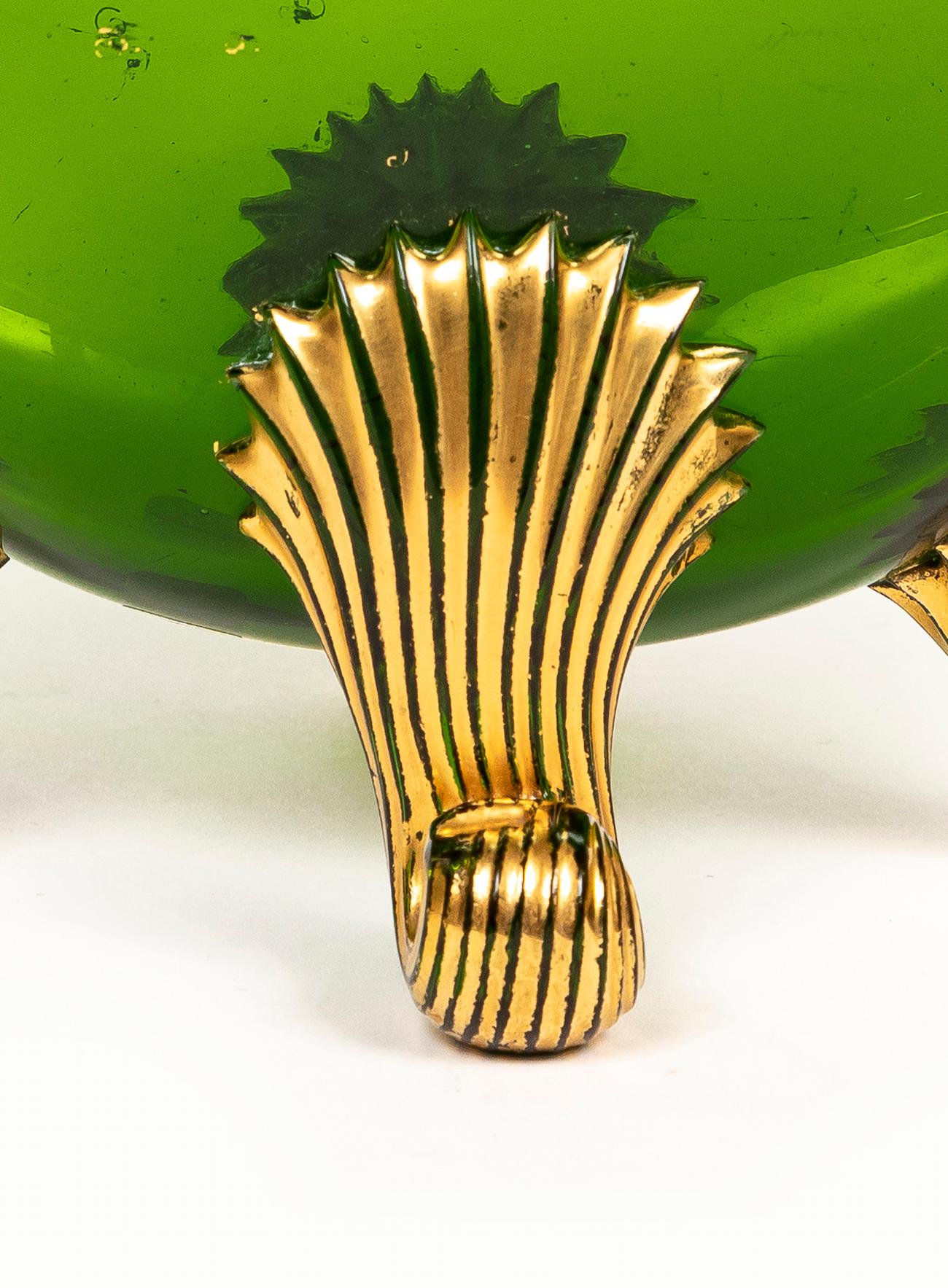 Two Green Moser Crystal Pillow Vases w/ Applied Raised Enamel Falcons and Acorns en vente 7