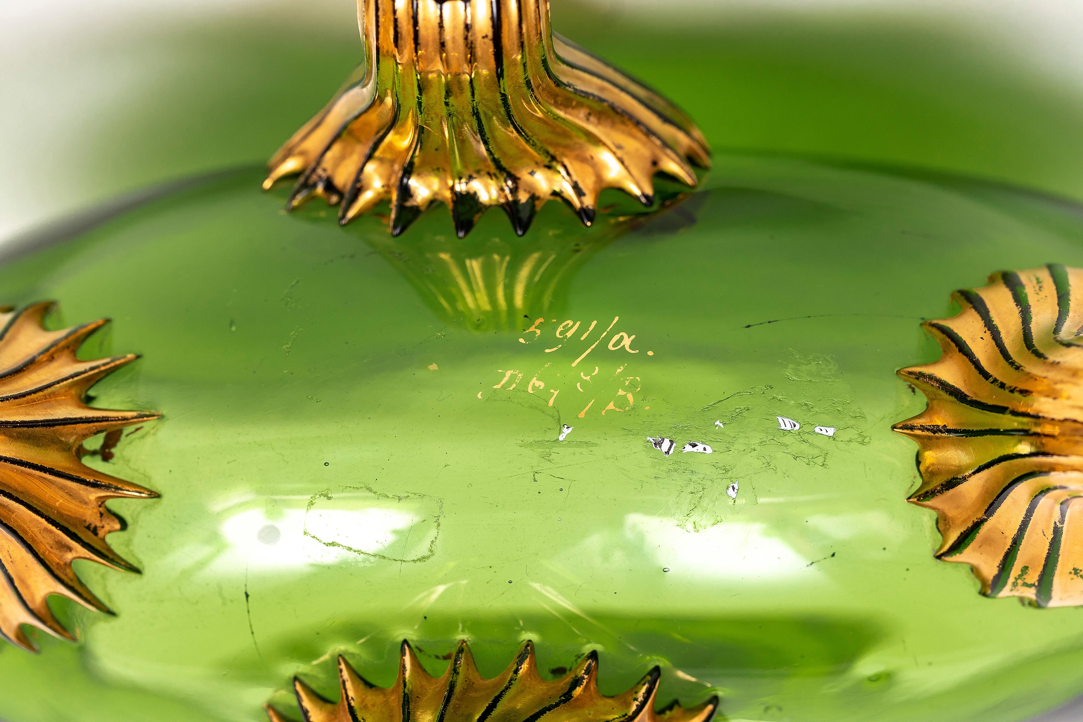 Two Green Moser Crystal Pillow Vases w/ Applied Raised Enamel Falcons and Acorns en vente 8