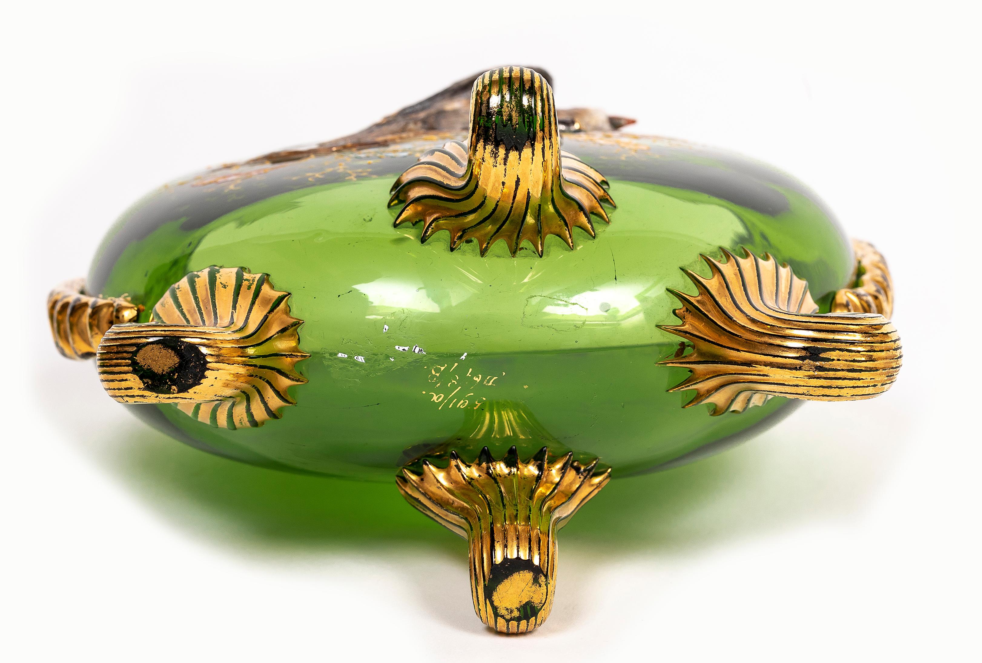 Two Green Moser Crystal Pillow Vases w/ Applied Raised Enamel Falcons and Acorns en vente 9