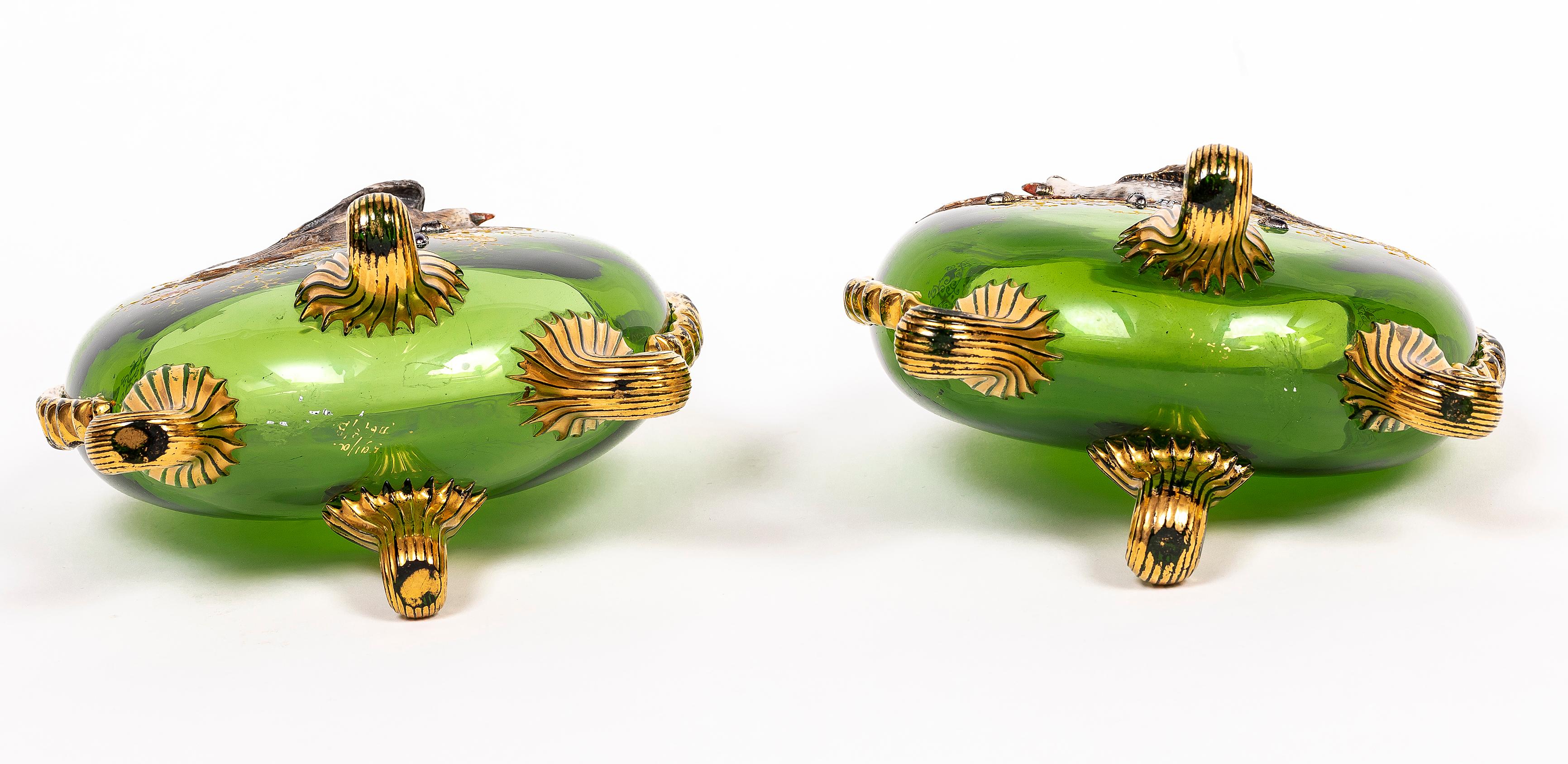 Two Green Moser Crystal Pillow Vases w/ Applied Raised Enamel Falcons and Acorns en vente 10