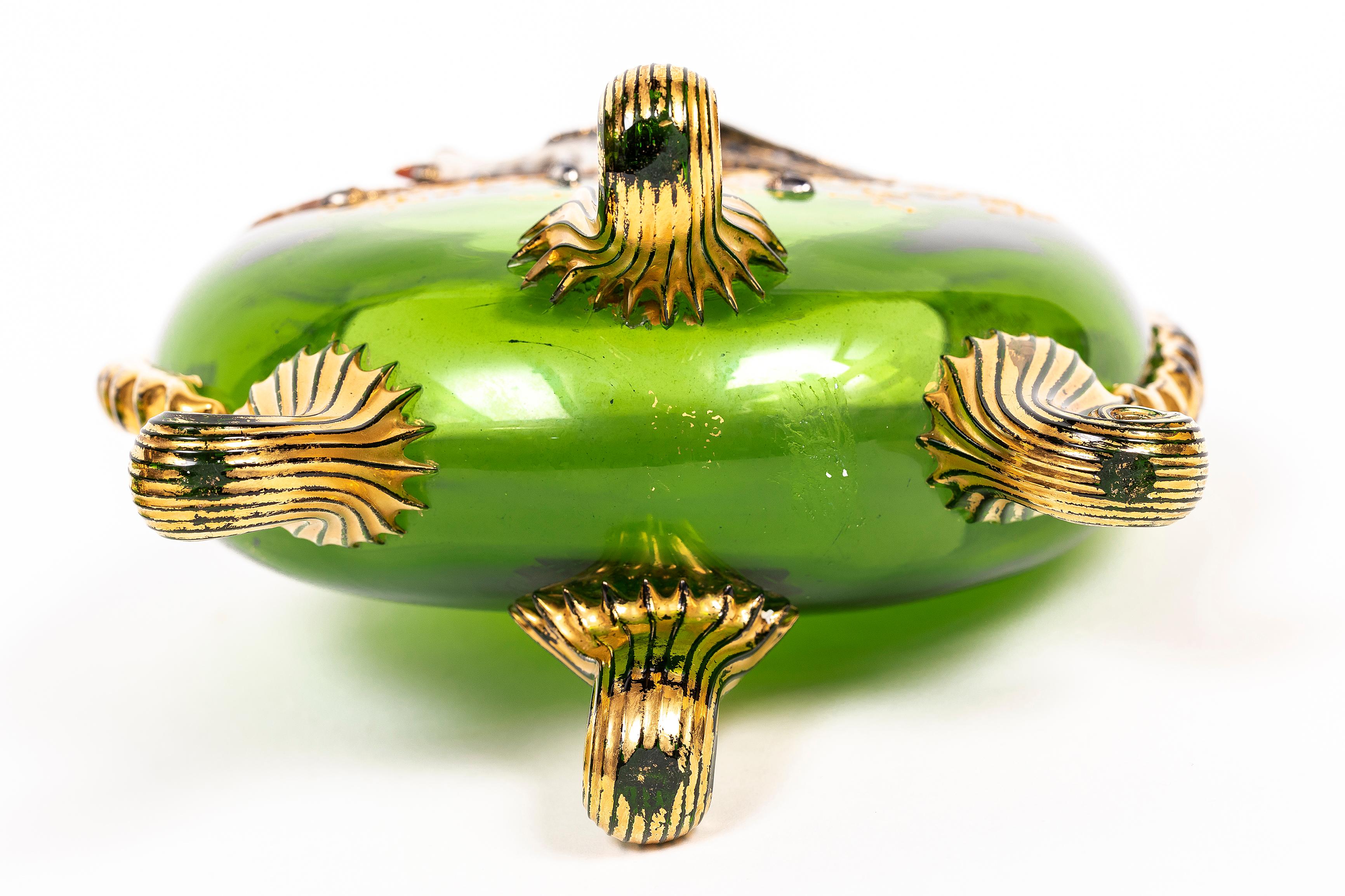 Two Green Moser Crystal Pillow Vases w/ Applied Raised Enamel Falcons and Acorns en vente 11