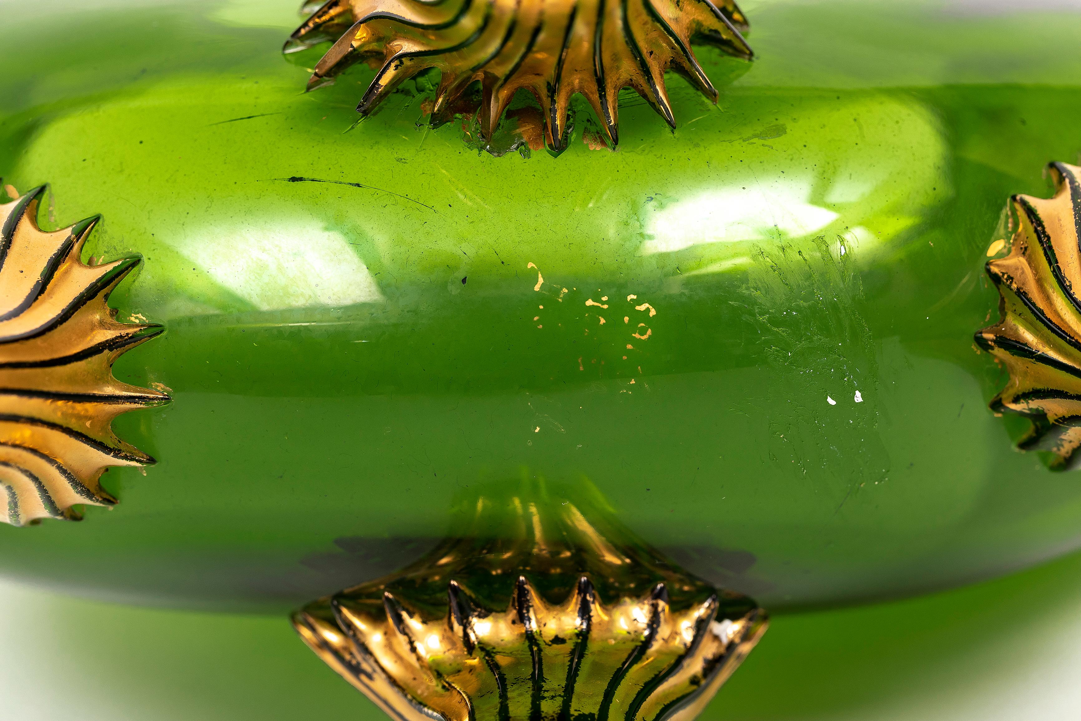 Two Green Moser Crystal Pillow Vases w/ Applied Raised Enamel Falcons and Acorns en vente 12