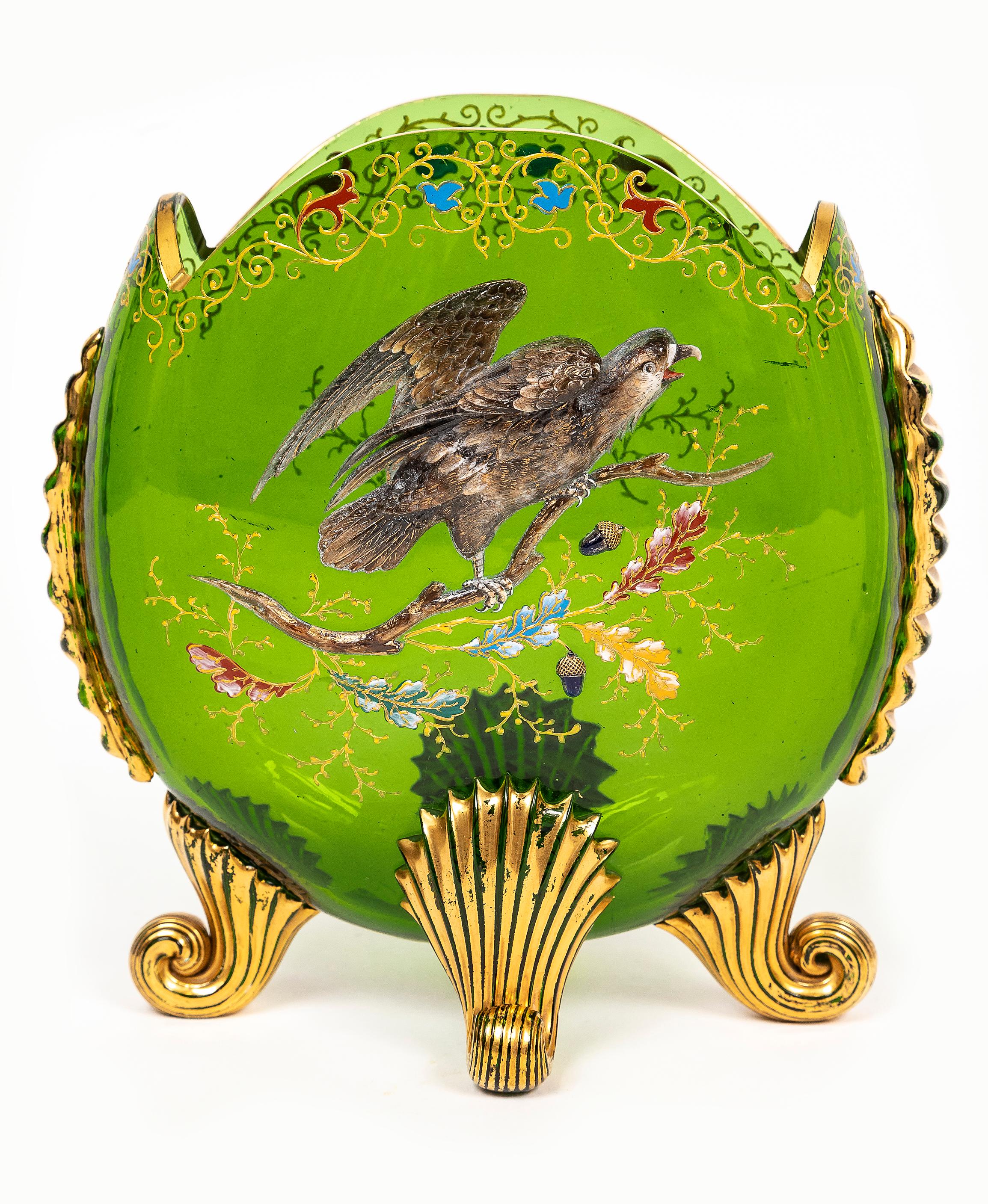 Bohème Two Green Moser Crystal Pillow Vases w/ Applied Raised Enamel Falcons and Acorns en vente