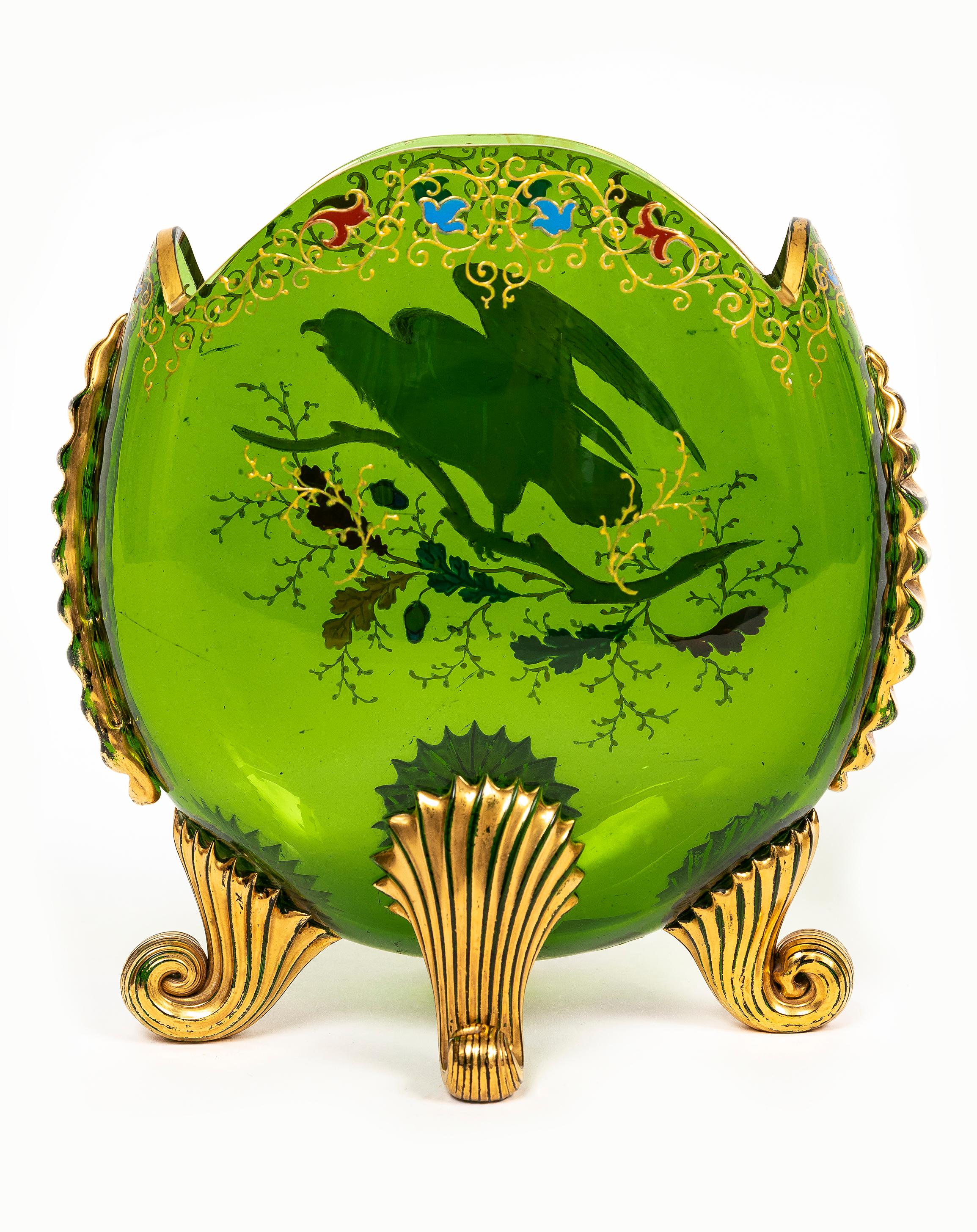 Tchèque Two Green Moser Crystal Pillow Vases w/ Applied Raised Enamel Falcons and Acorns en vente