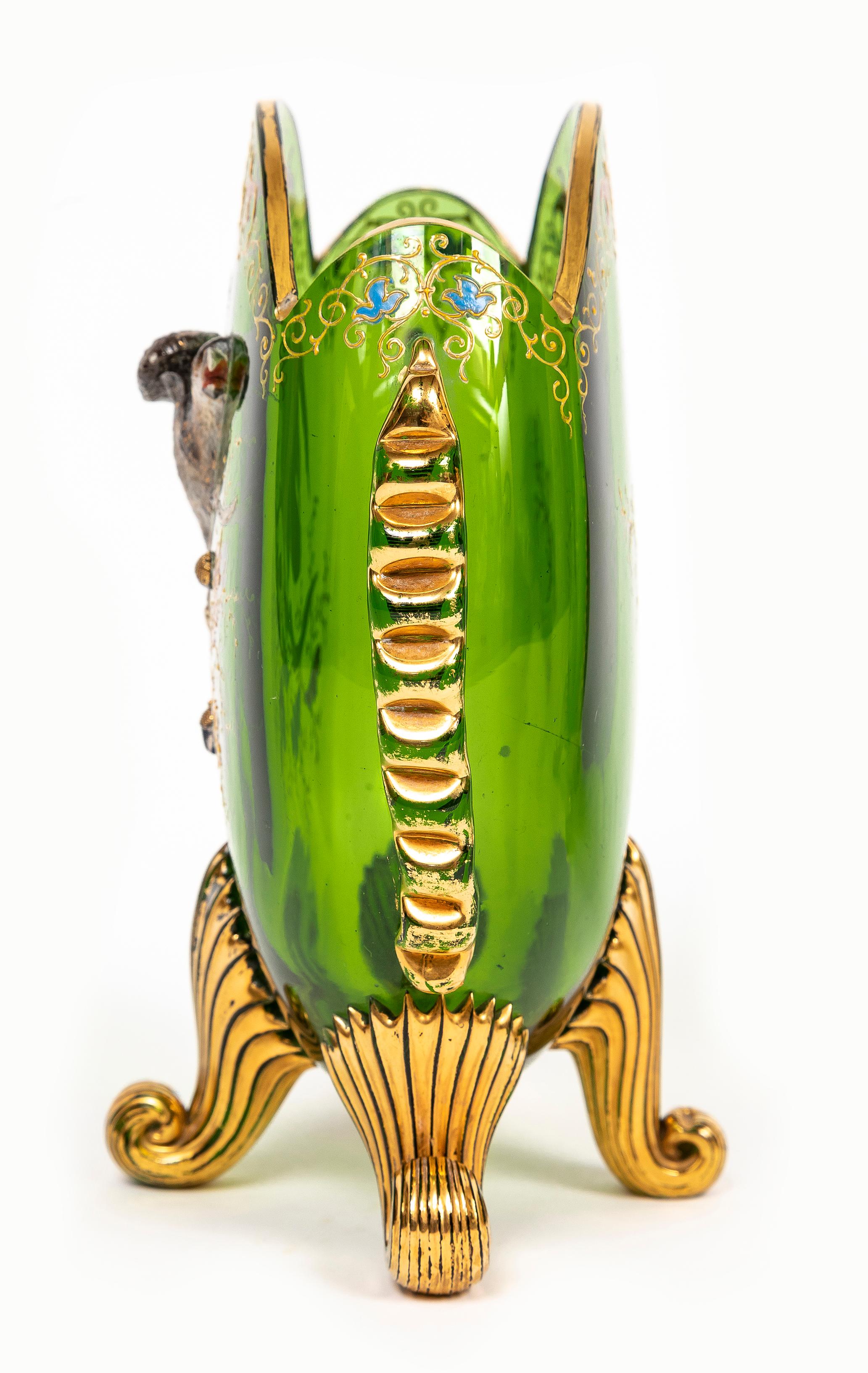 Émaillé Two Green Moser Crystal Pillow Vases w/ Applied Raised Enamel Falcons and Acorns en vente
