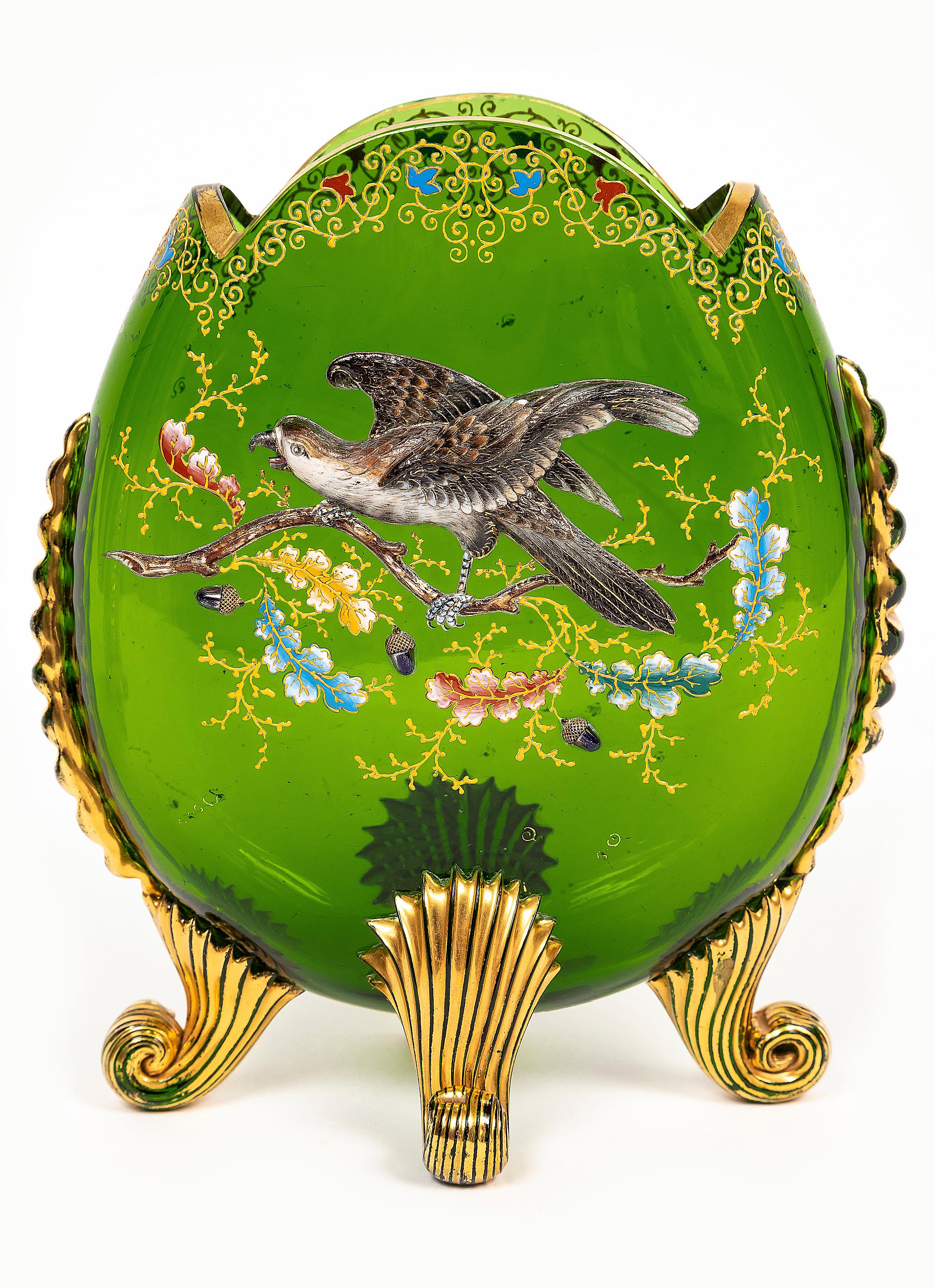 Fin du XIXe siècle Two Green Moser Crystal Pillow Vases w/ Applied Raised Enamel Falcons and Acorns en vente