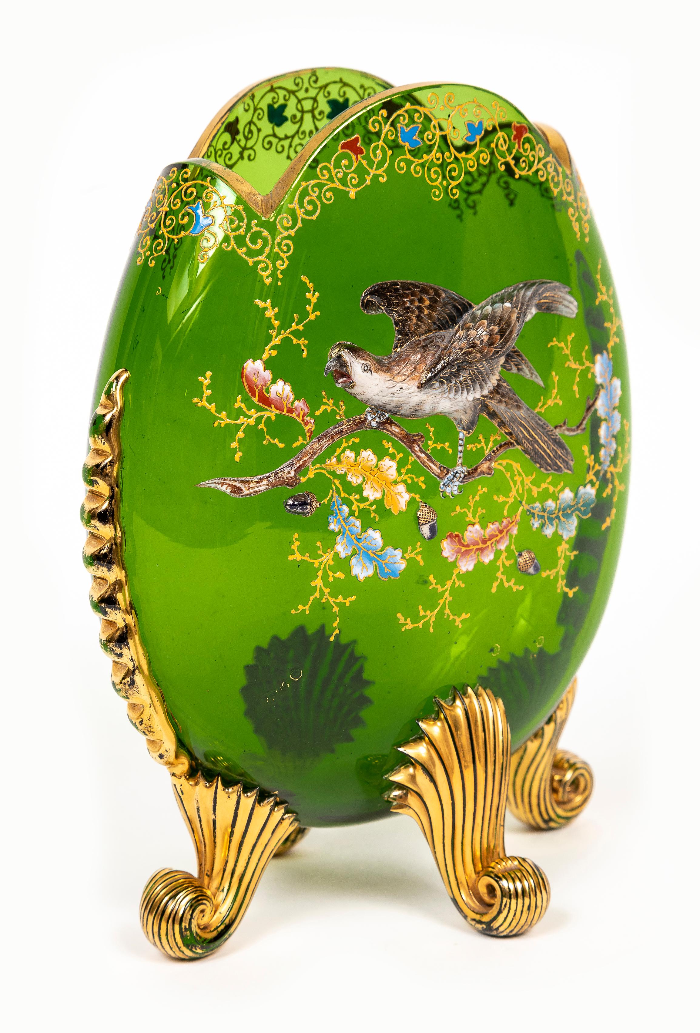Cristal Two Green Moser Crystal Pillow Vases w/ Applied Raised Enamel Falcons and Acorns en vente