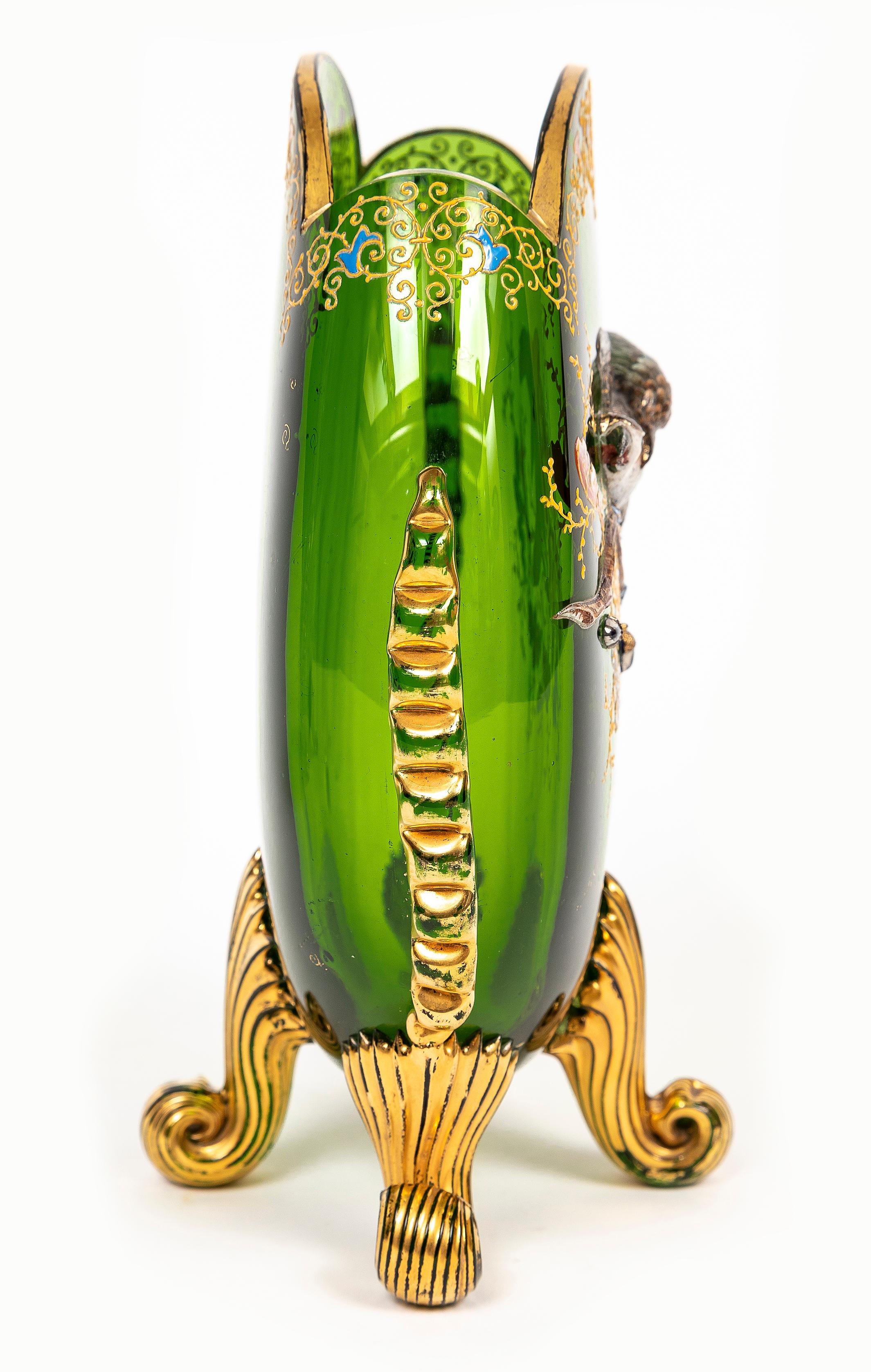 Two Green Moser Crystal Pillow Vases w/ Applied Raised Enamel Falcons and Acorns en vente 1