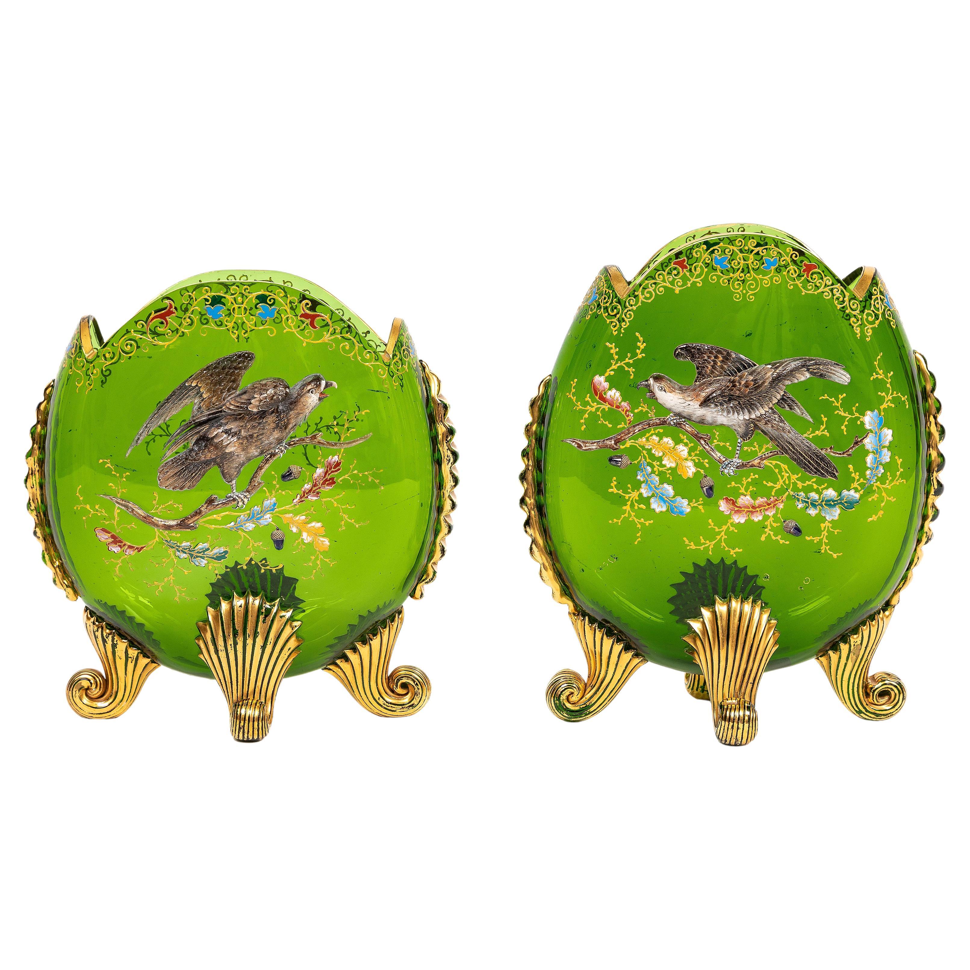 Two Green Moser Crystal Pillow Vases w/ Applied Raised Enamel Falcons and Acorns en vente