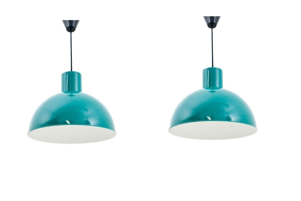 Metal Two green pendant lamps, Denmark, 1960s For Sale
