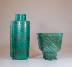 Two Green Vases Argenta / Surrea Wilhelm Kåge Gustavsberg Green, Silver Decor