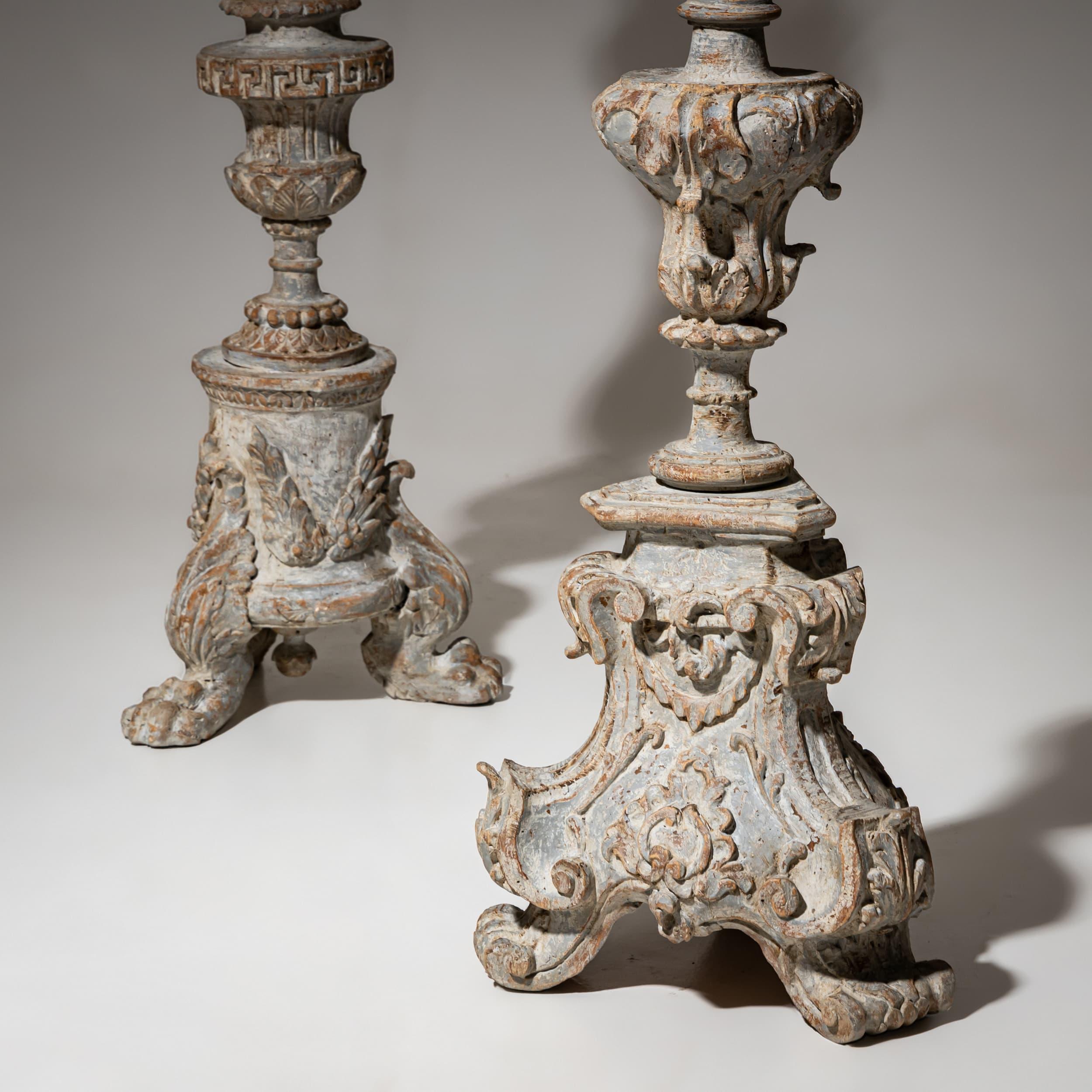Softwood Two grey Altar Candlesticks, 18th Century For Sale