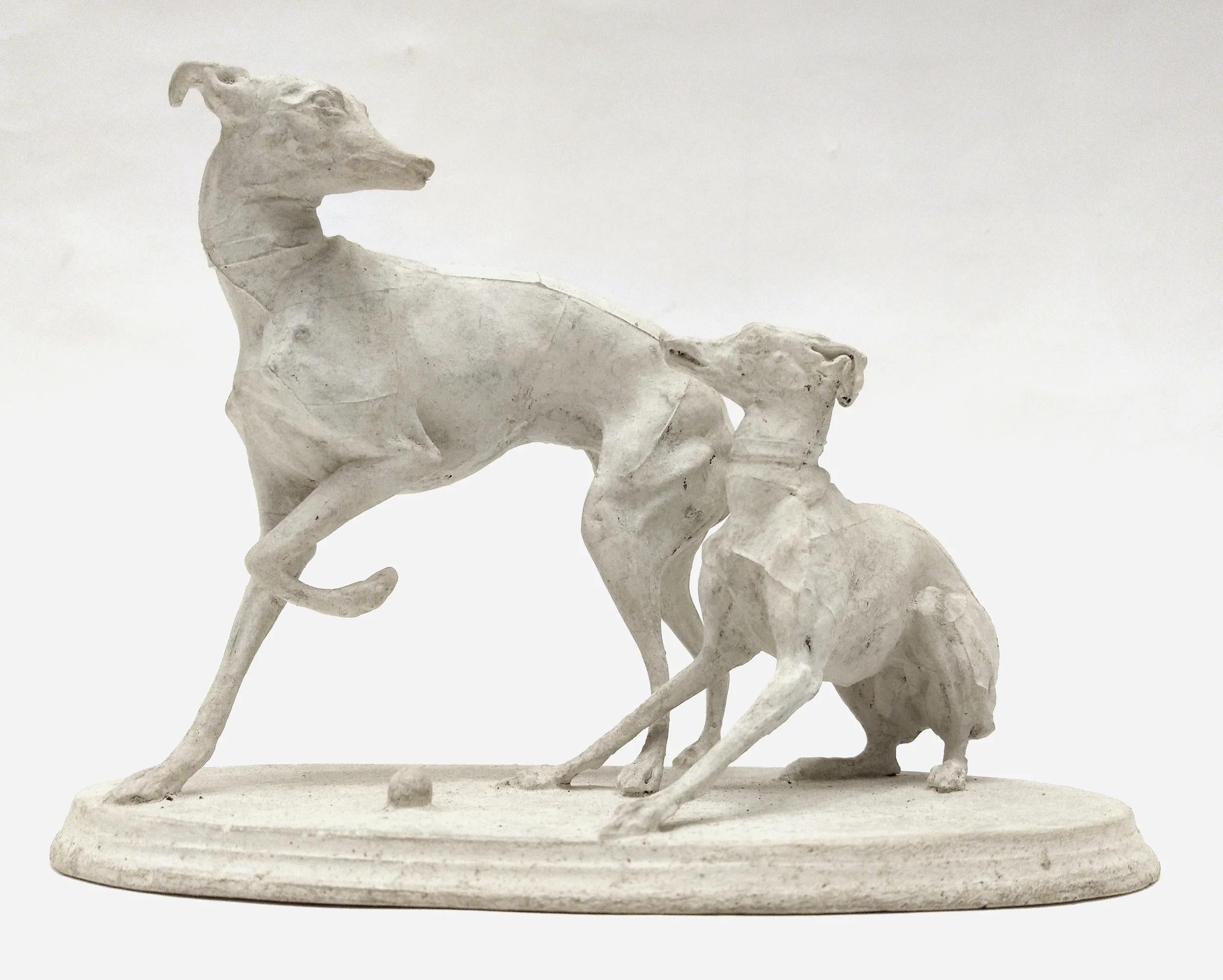 Pierre Jules Mêne (1810-1879).  Two whippets playing with a ball, workshop.
Plaster signed on the terrace.

Biography

Pierre-Jules Mêne, France (1810 – 1879)

French sculptor.

Son of a copper turner, Pierre-Jules Mêne was born in the popular