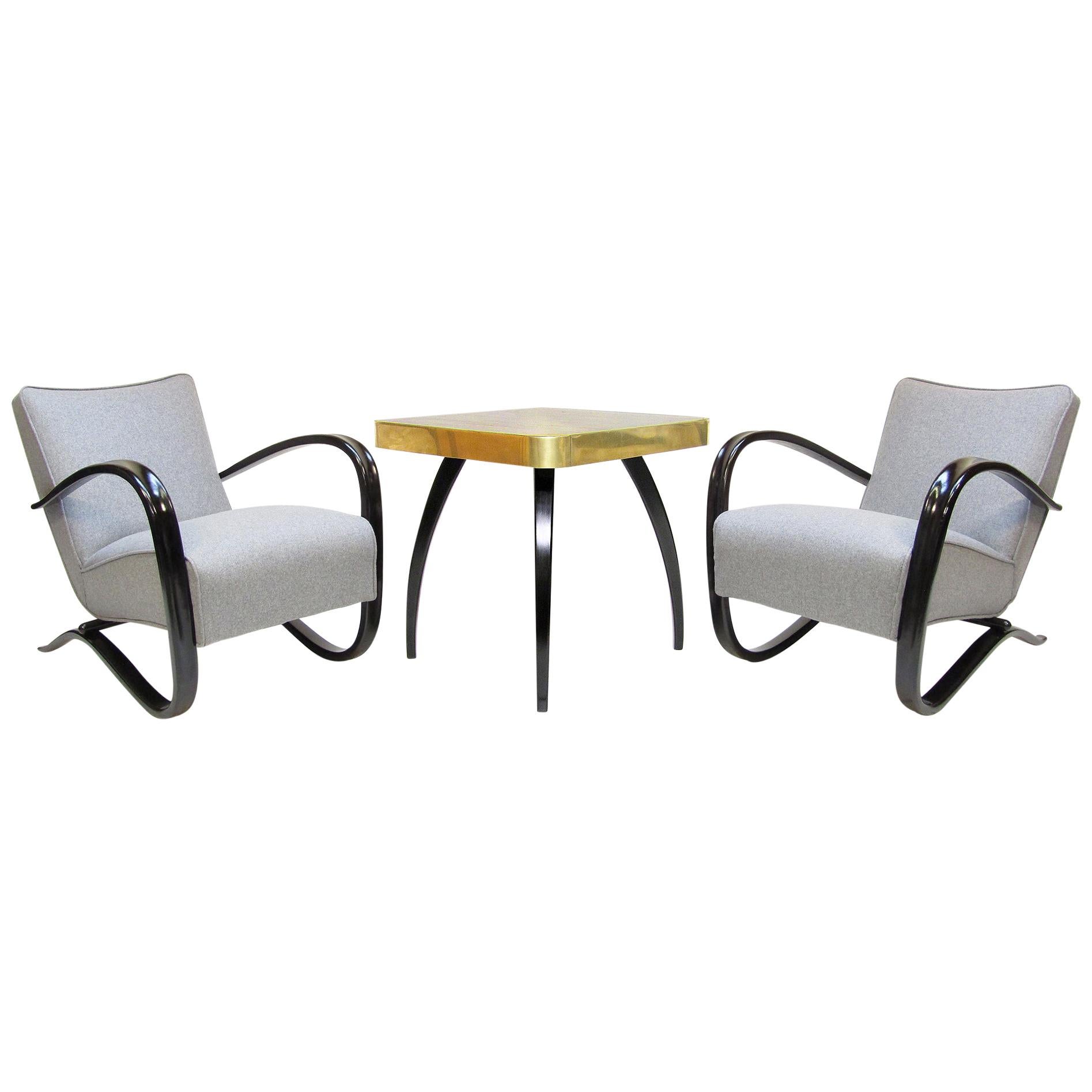 Two H269 Art Deco Lounge Chairs with Brass Spider Table Set by Jindrich Halabala