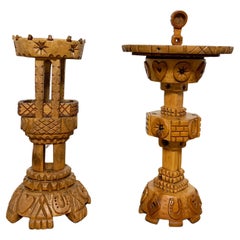 Two Hand Carved Folk Art Side Tables by Joseph Deveau, circa 1950s