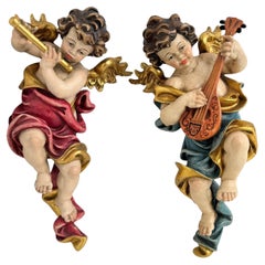 Two Hand Carved Musician Cherub Angel Germany, 1960s