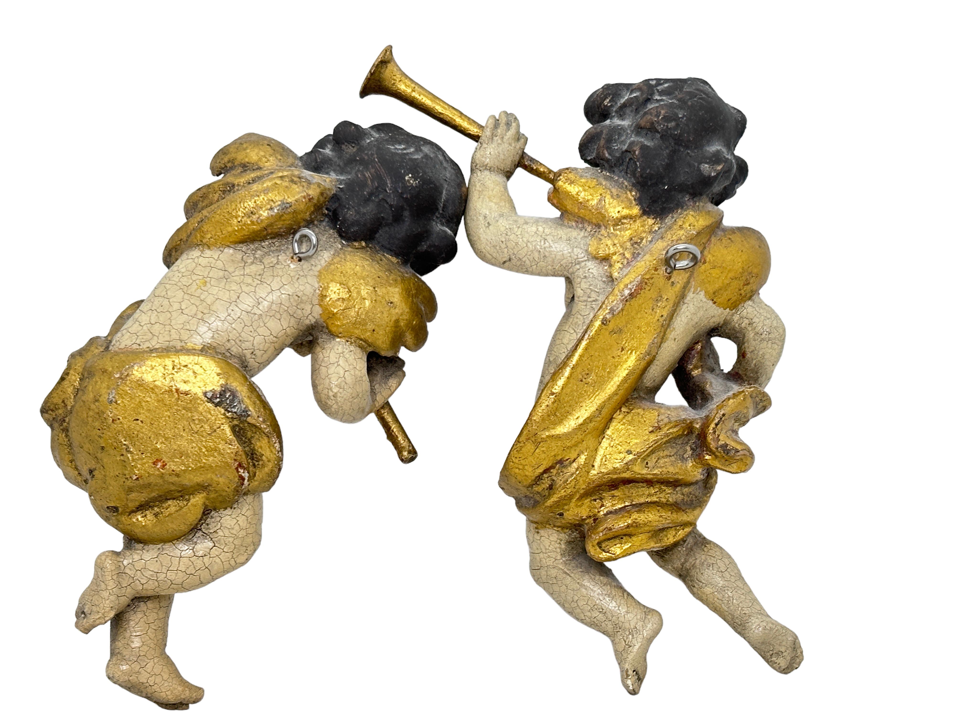 Baroque Two Hand Carved Musician Cherub Angel Playing Trombone and Flute, Italy, 1950s For Sale