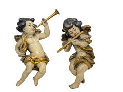 Two Hand Carved Musician Cherub Angel Playing Trombone and Flute, Italy, 1950s