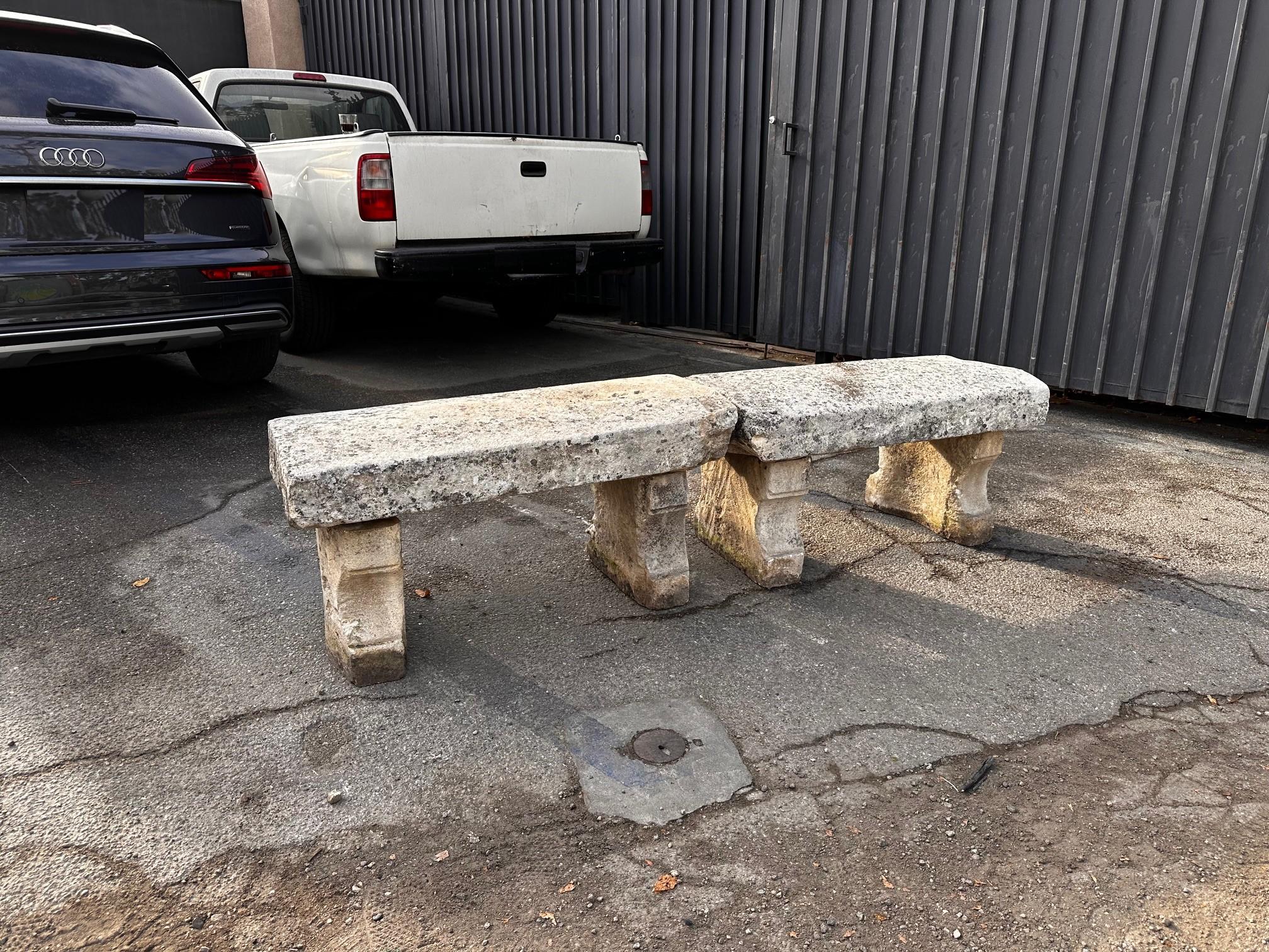 18th Century and Earlier TWO Hand Carved Stone Rustic Garden Bench Seat Antique Indoor Outdoor Landscape