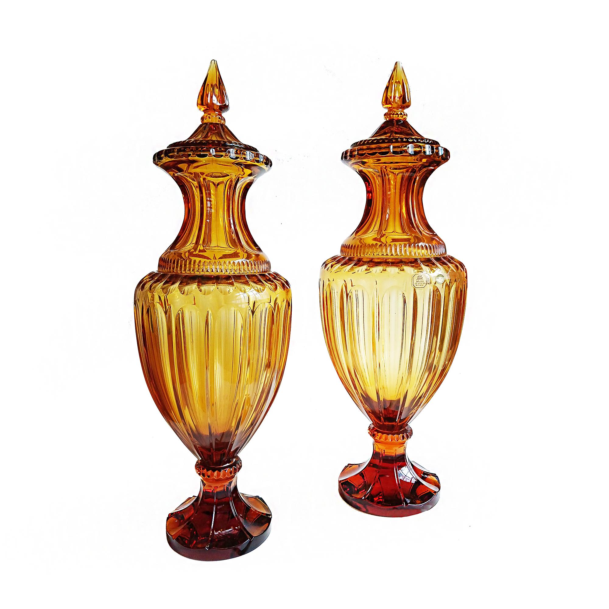 Empire Two Amber Crystal Vases, Hand-Made in Italy