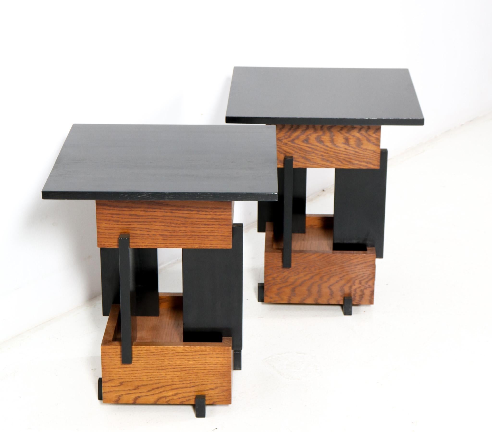 Dutch Two Handmade Oak Art Deco Modernist Side Tables Cor Alons Style, 2023 For Sale