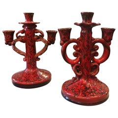 Two Hand Painted Baroque decorated Terracotta Sicilian Candelabras