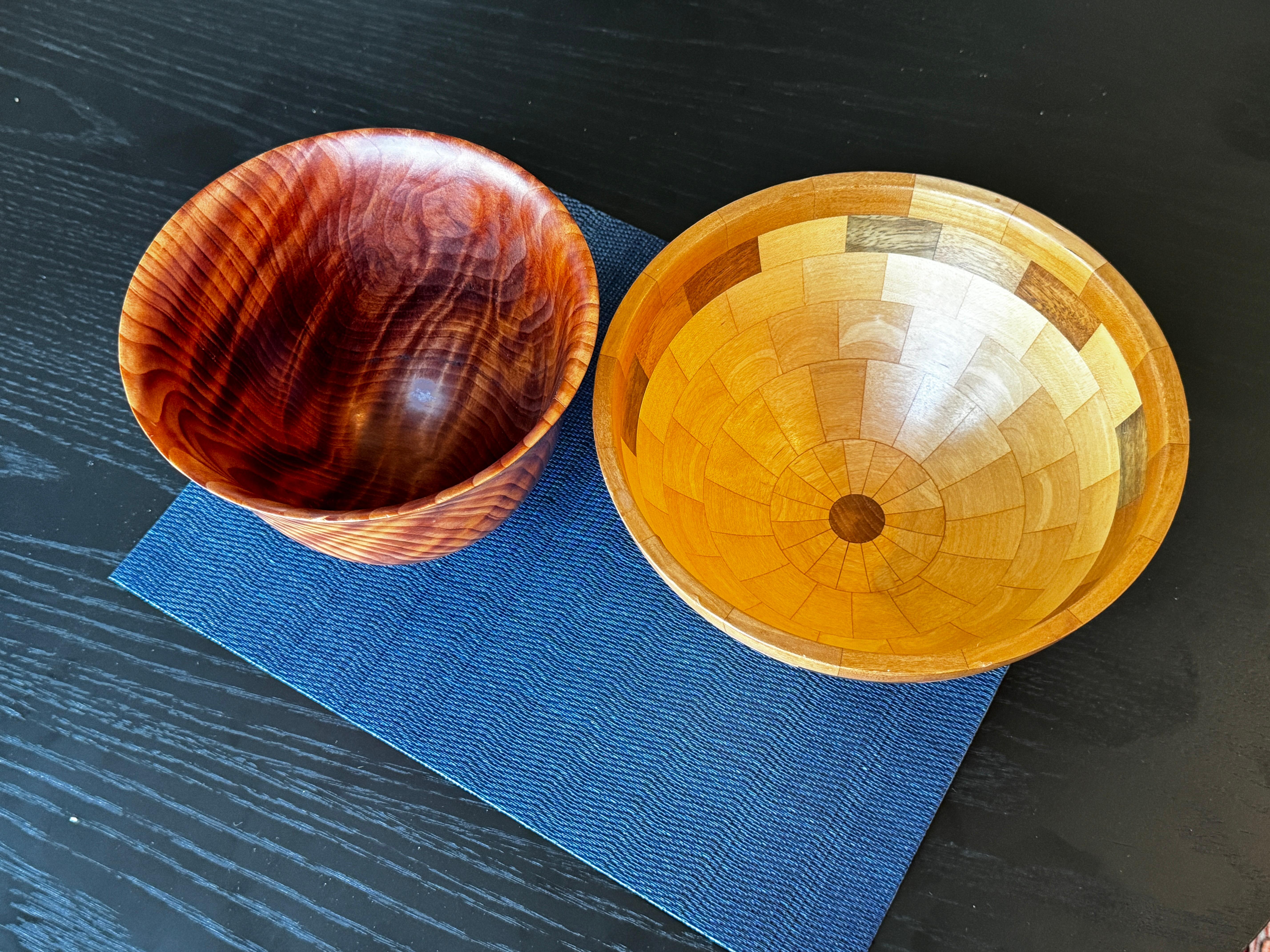 Two Hand-Turned Wood Bowls, One Redwood: Signed, One Segmented   For Sale 5