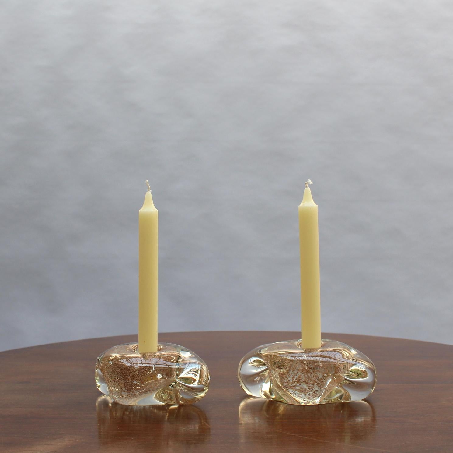 French Two Handblown Glass Candlestick Holders by Andre Thuret (sold as a pair)   For Sale