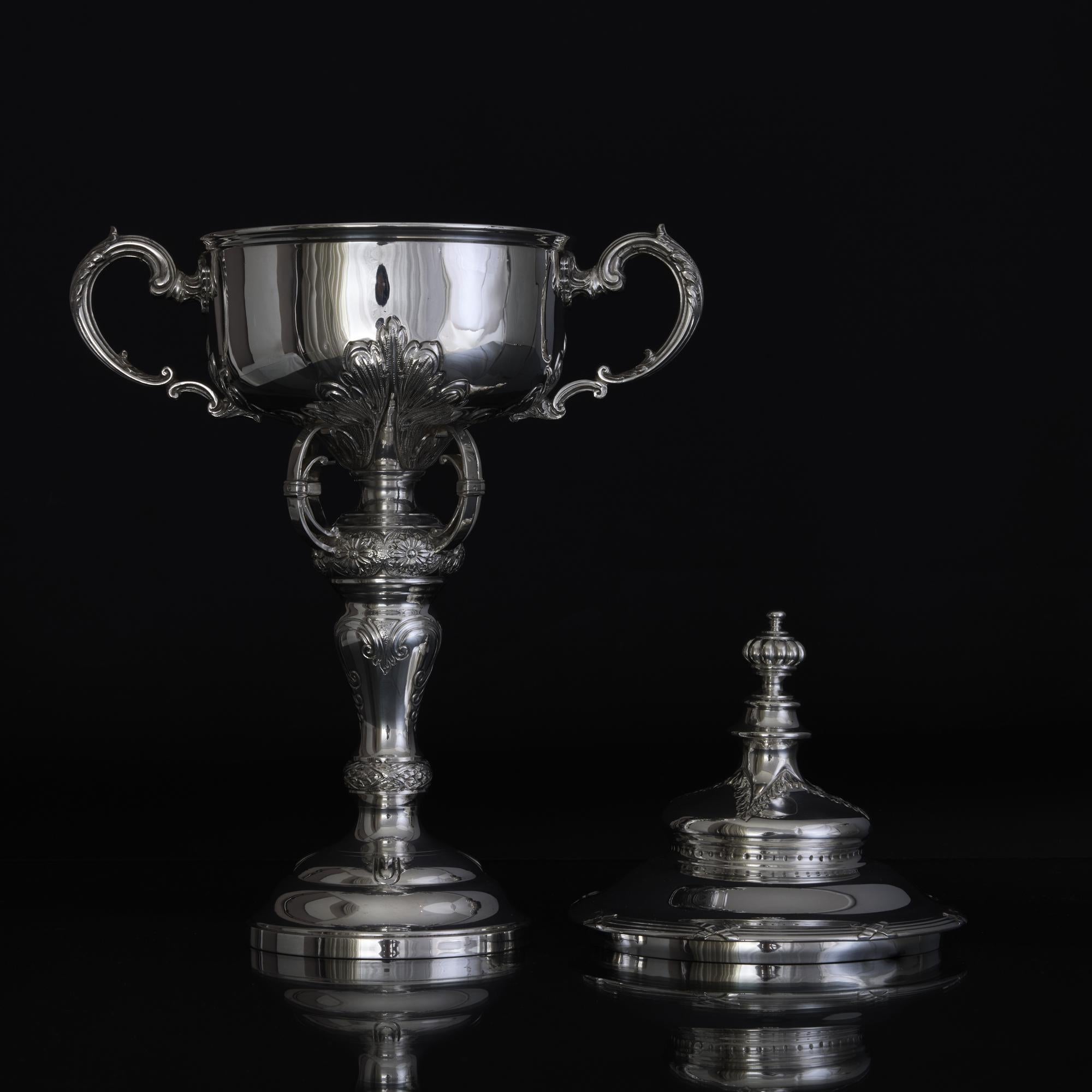 British Two-handled handmade silver trophy cup & cover For Sale