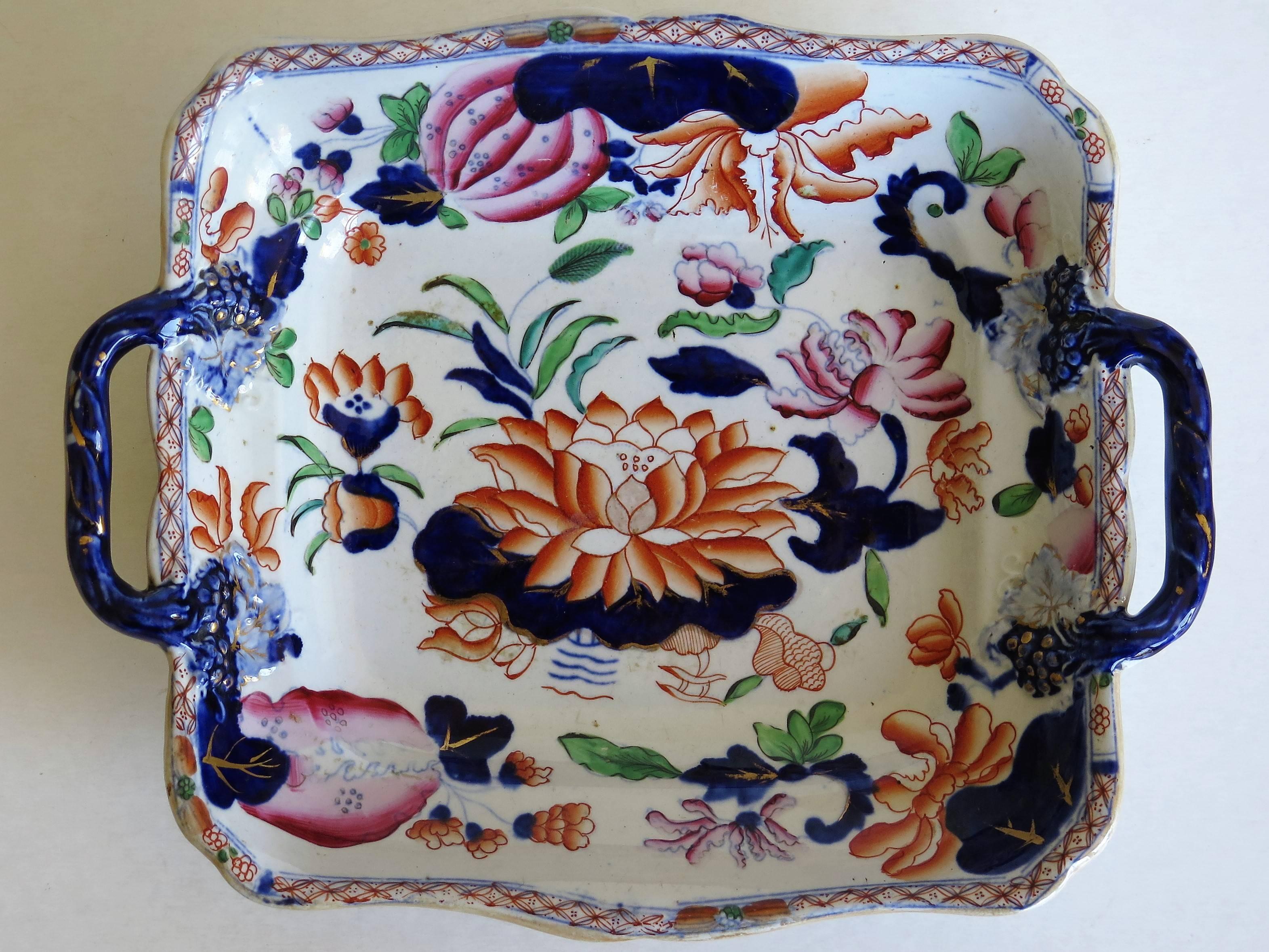 This is a very good two handled desert dish in the Water Lily Pattern, made by Hicks and Meigh of Shelton, Staffordshire, England between 1806 and 1822, probably, circa 1815.

This is a beautiful dish which is nominally square (without the