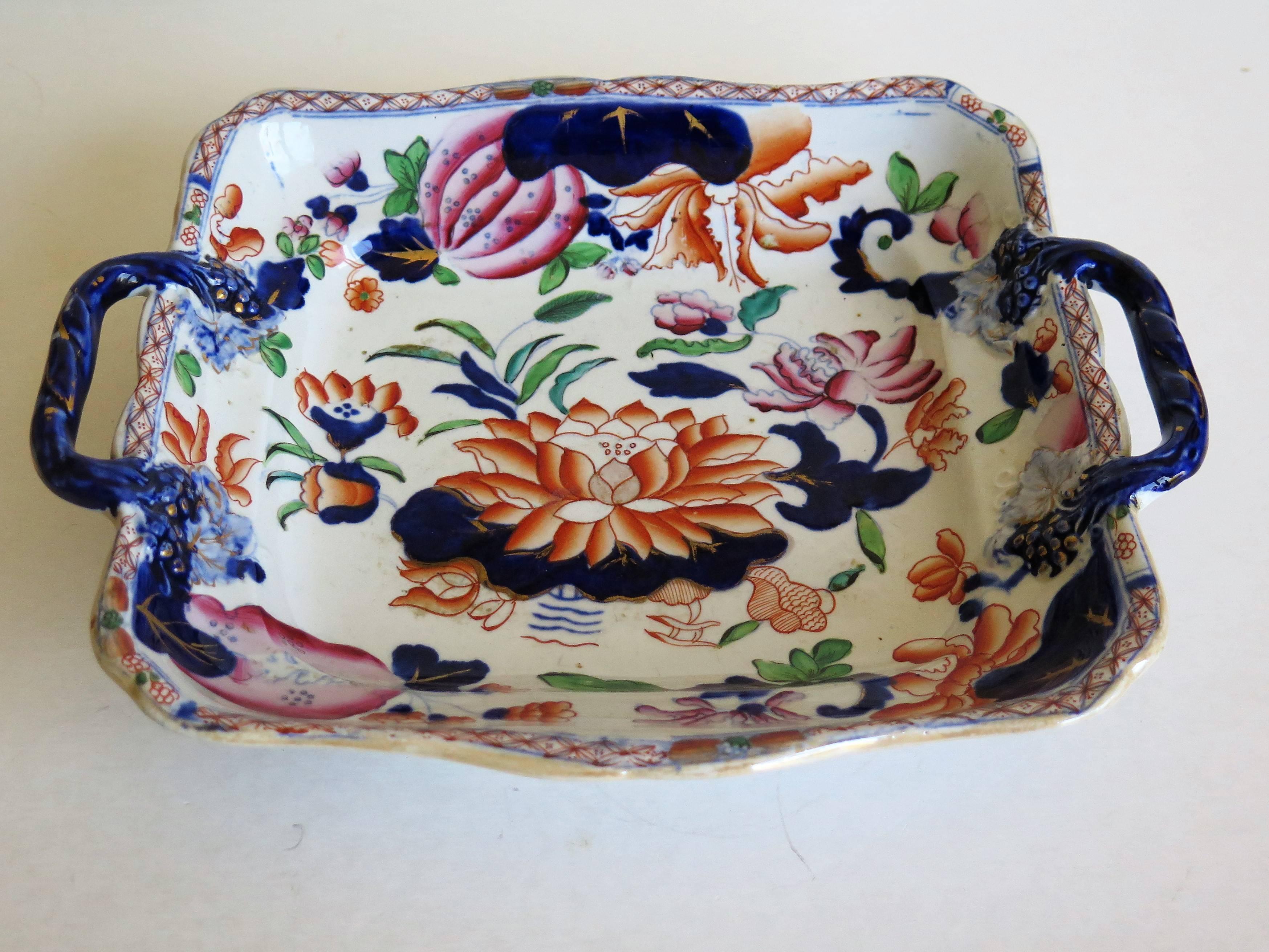 Hand-Painted Two Handled Desert Dish by Hicks & Meigh, Water Lily Pattern No.5