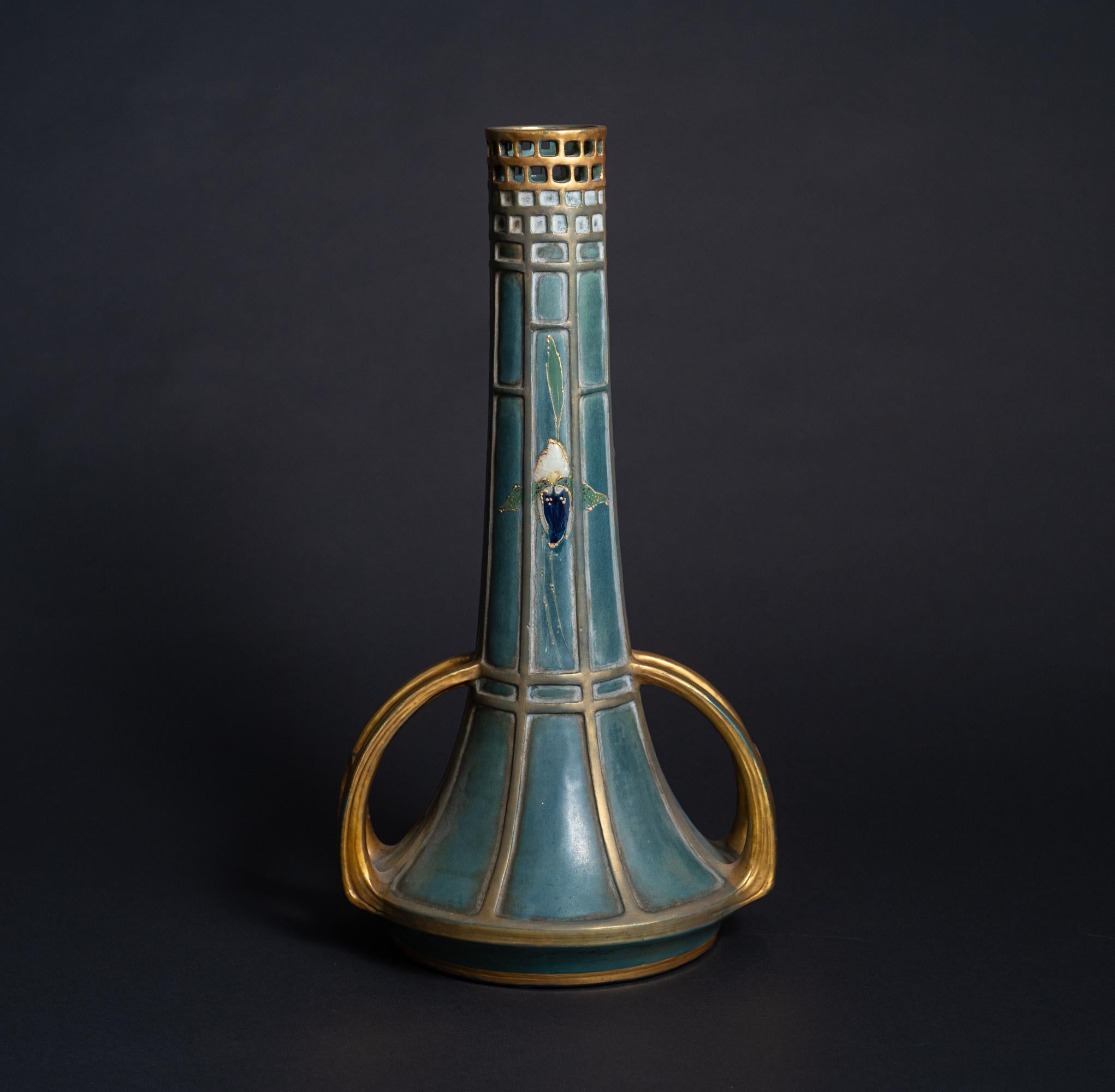 Glazed Two-Handled Reticulated Art Nouveau Vase with Enamel Flowers by Paul Dachsel