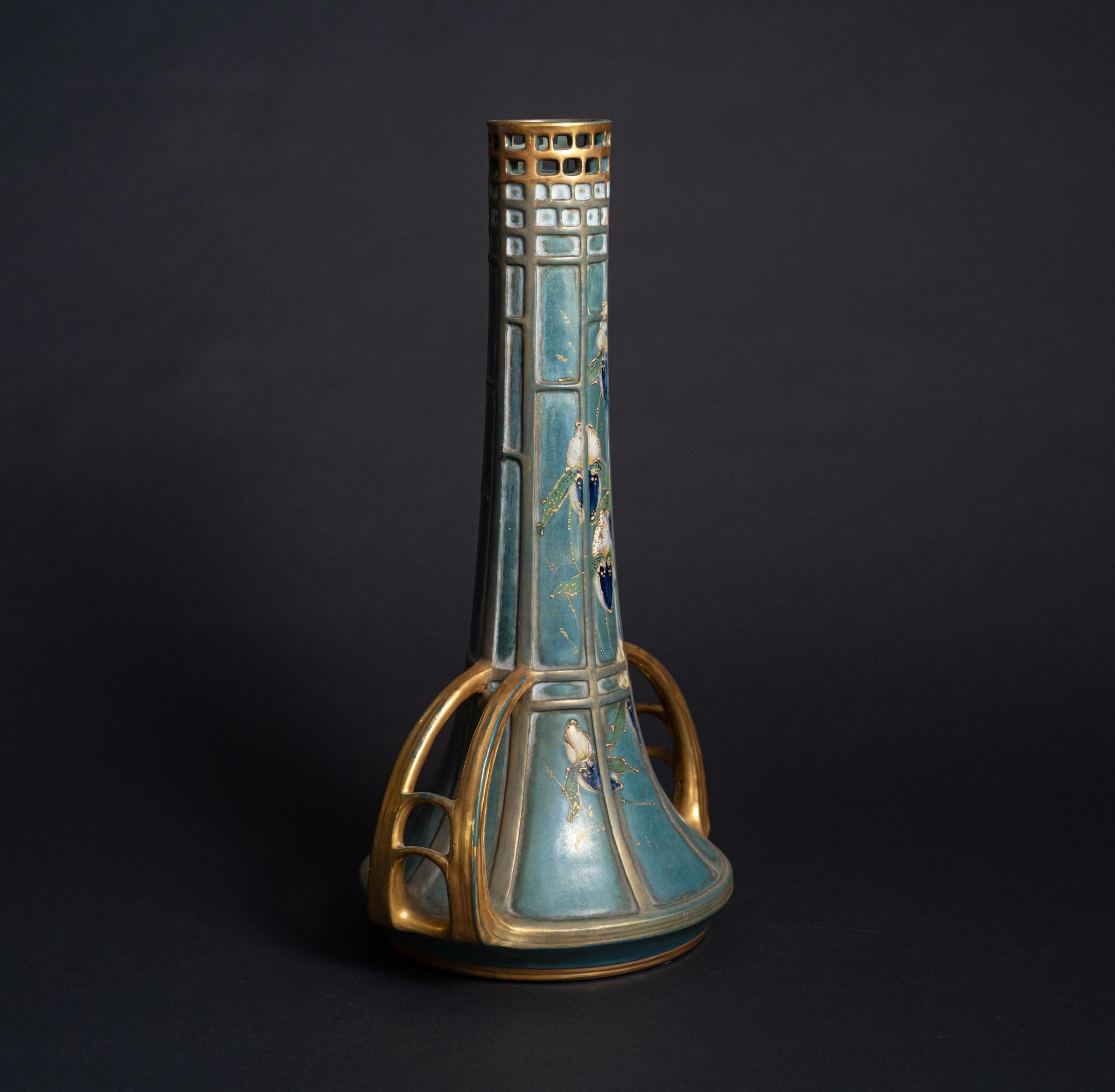 Two-Handled Reticulated Art Nouveau Vase with Enamel Flowers by Paul Dachsel In Good Condition In Chicago, US