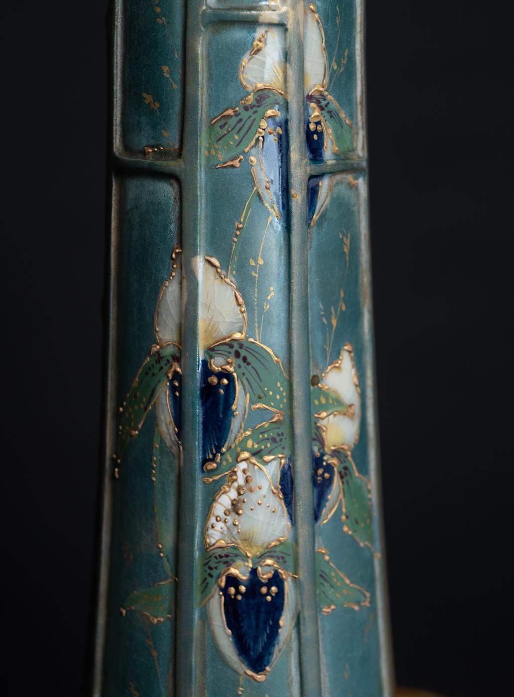 Two-Handled Reticulated Art Nouveau Vase with Enamel Flowers by Paul Dachsel 1