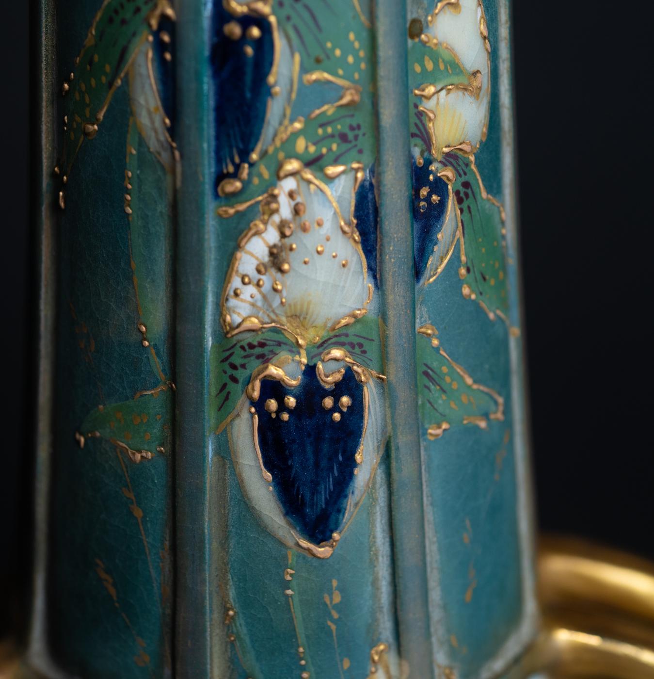 Two-Handled Reticulated Art Nouveau Vase with Enamel Flowers by Paul Dachsel 2