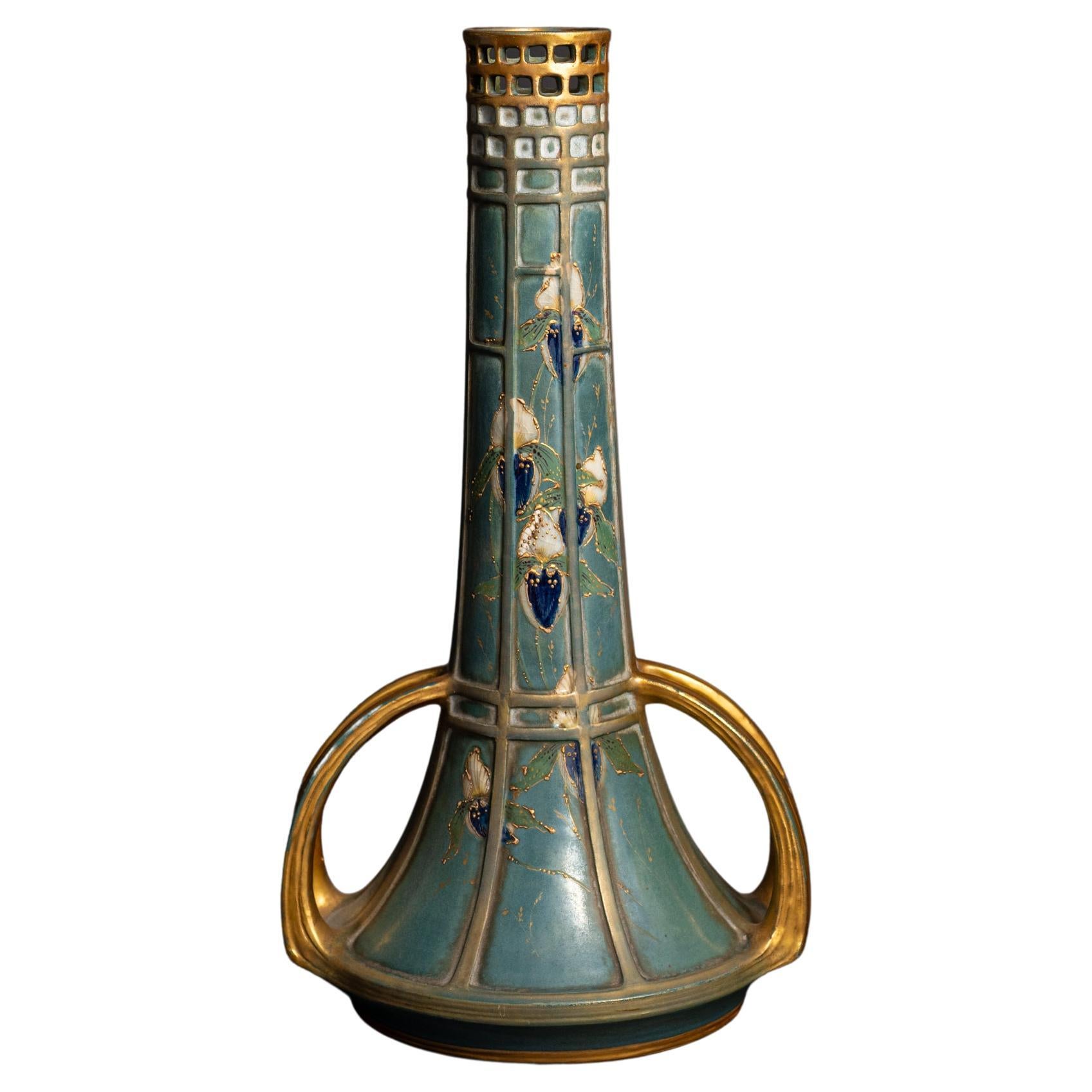 Two-Handled Reticulated Art Nouveau Vase with Enamel Flowers by Paul Dachsel