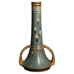 Vintage Two-Handled Reticulated Art Nouveau Vase with Enamel Flowers by Paul Dachsel