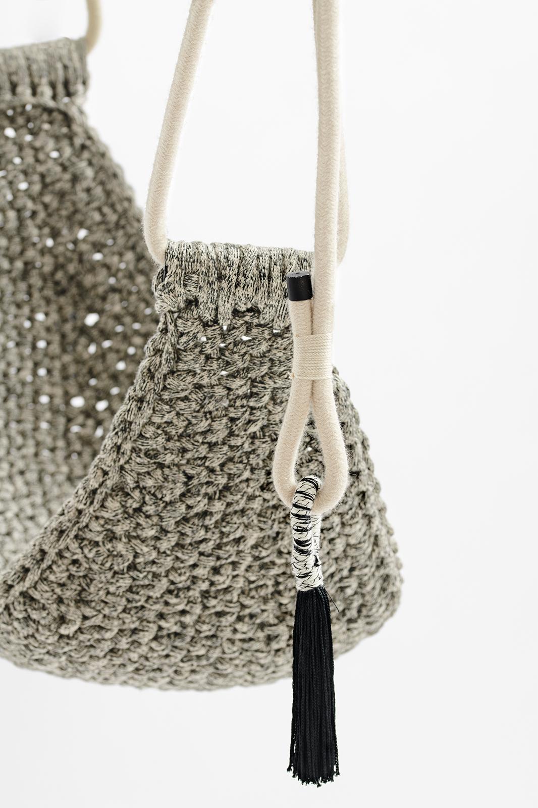 Israeli Handmade Crochet Black and White Outdoor UV Protected Textile Swing For Sale