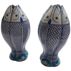 Two Handpainted Fish Vases, Blue and White Chinese, 19th Century Porcelain 