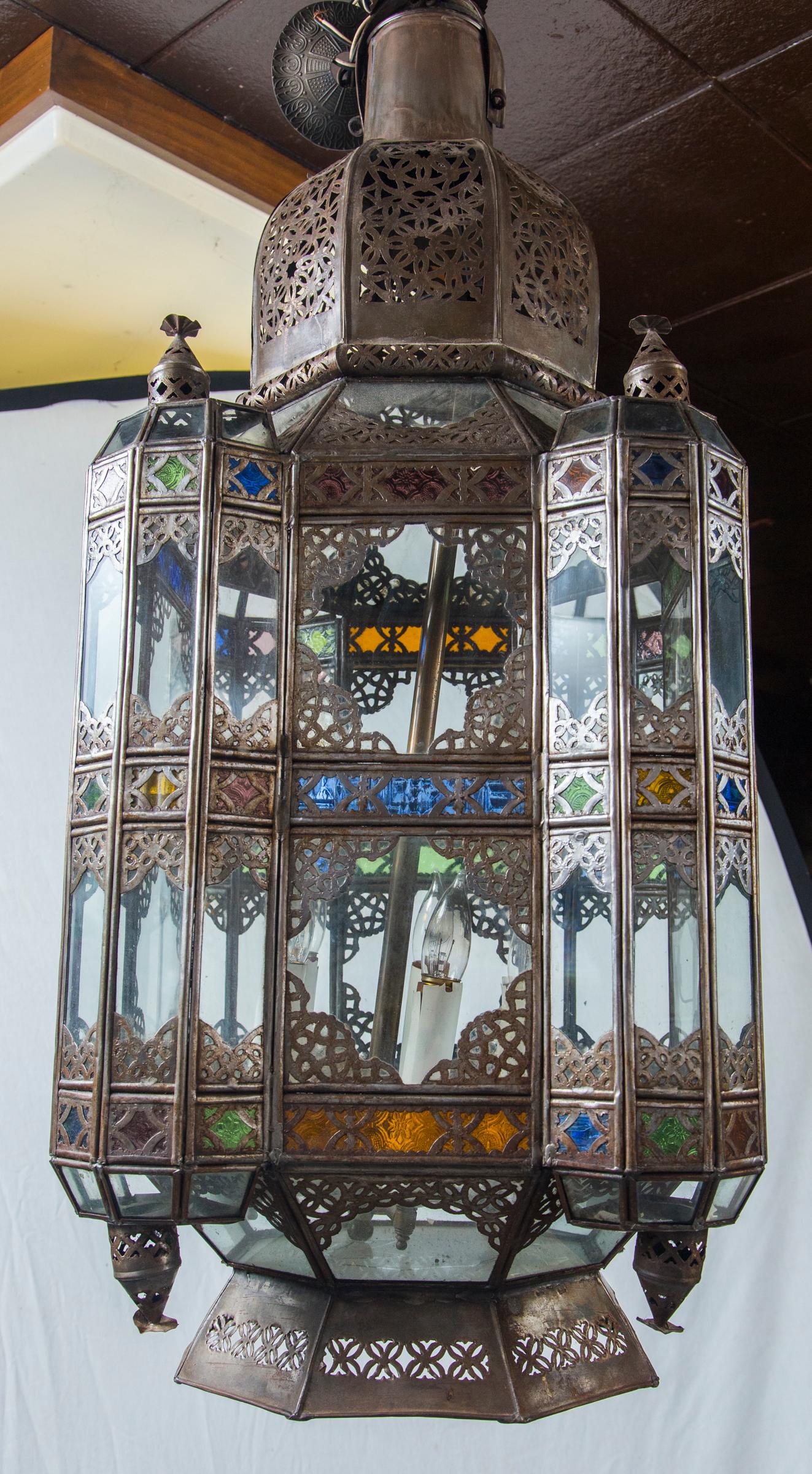 Islamic Two Hanging Brass and Glass Lanterns For Sale