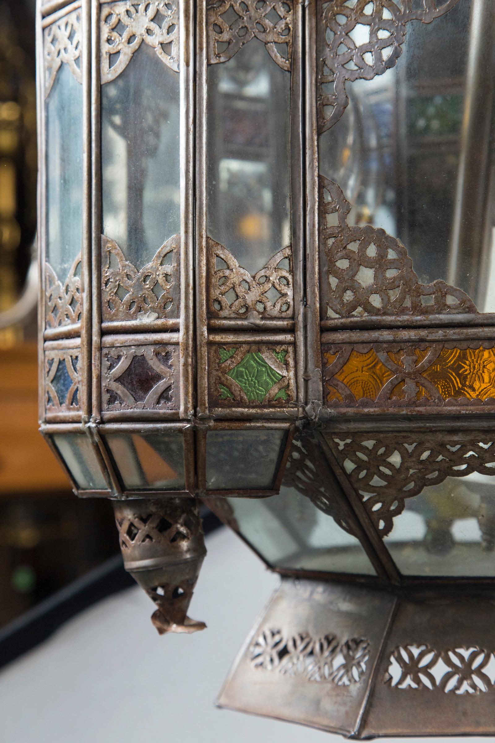 Hand-Crafted Two Hanging Brass and Glass Lanterns For Sale