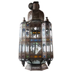 Antique Two Hanging Brass and Glass Lanterns