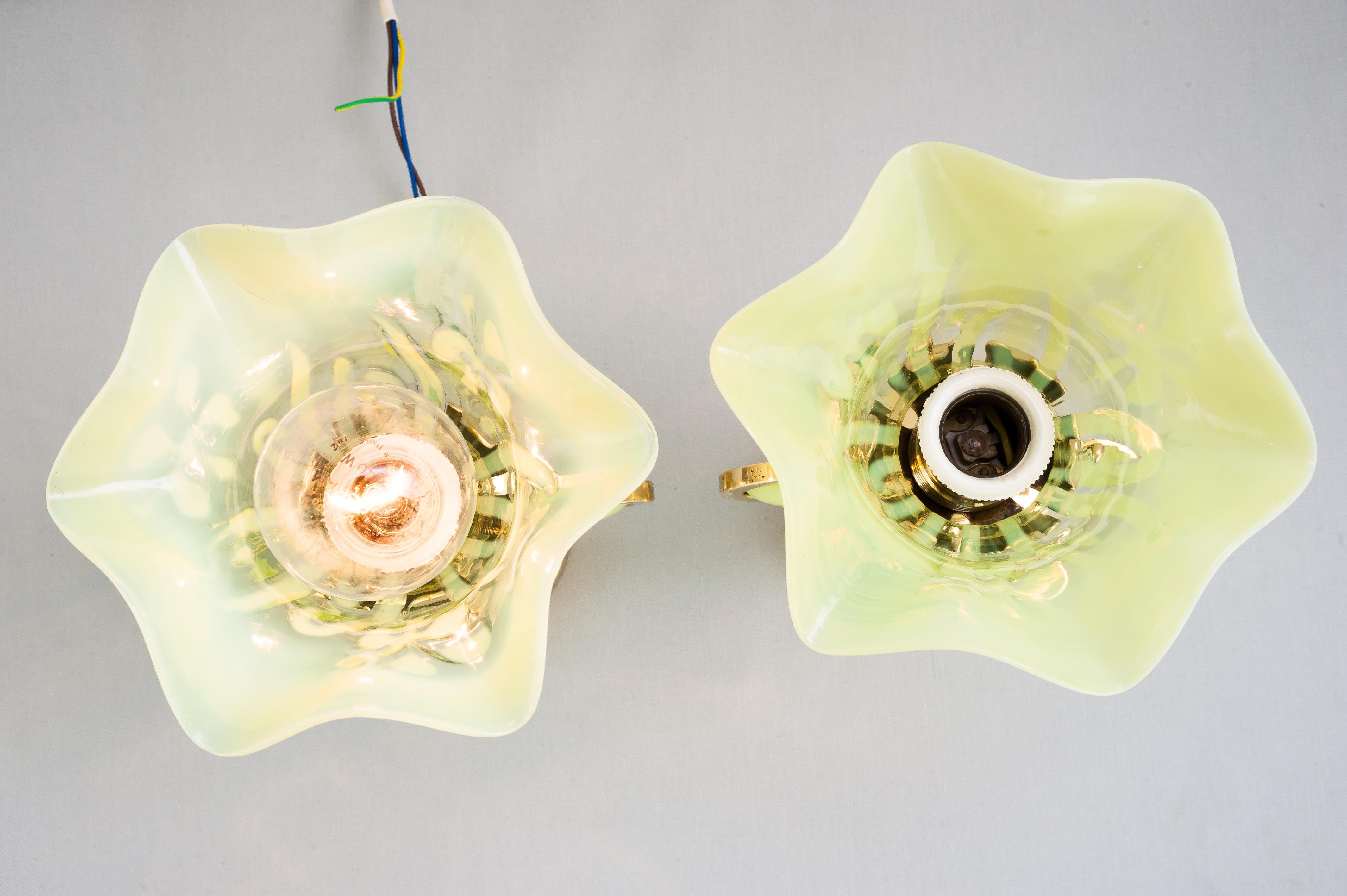 Polished Two Hanging Lamps circa 1910s with Original Opaline Glass Shades For Sale