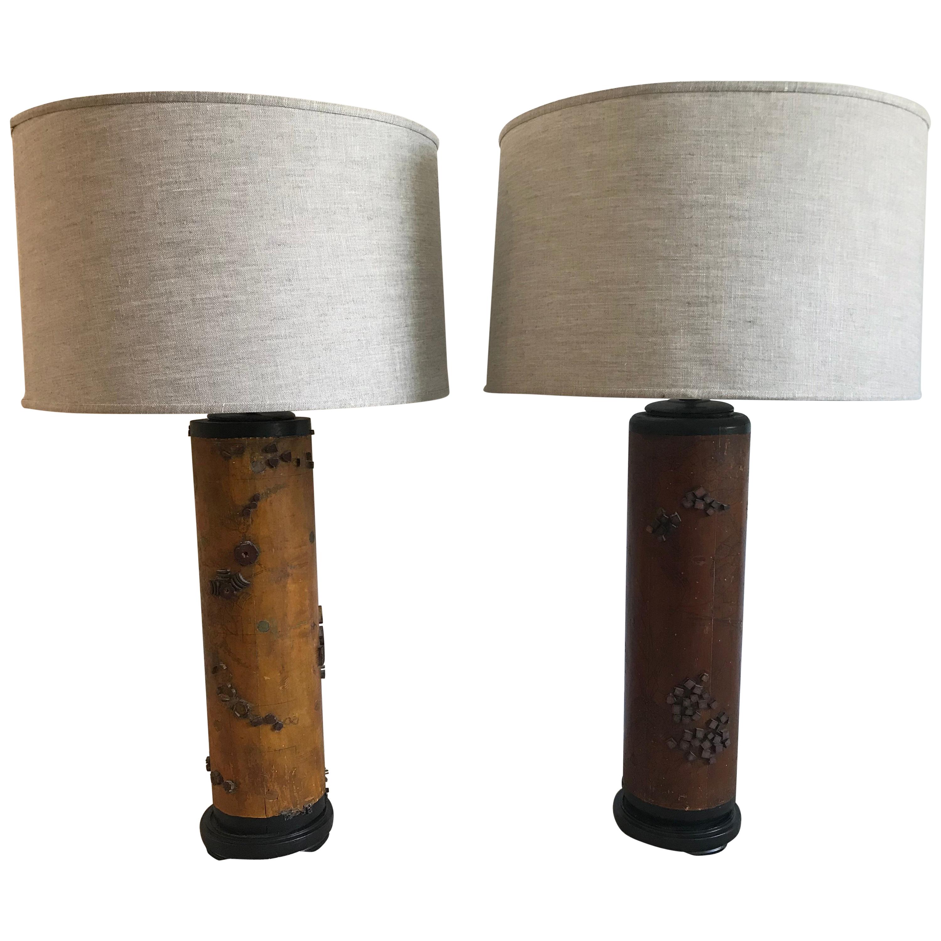 Two Hardwood Cylinder Vintage Wallpaper Roller Lamps For Sale
