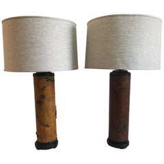Two Hardwood Cylinder Antique Wallpaper Roller Lamps