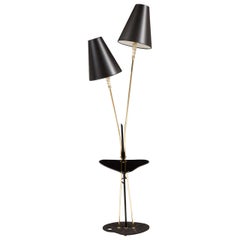 Two-Head Floor Lamp, France, circa 1950, Brass with Black Glass Details