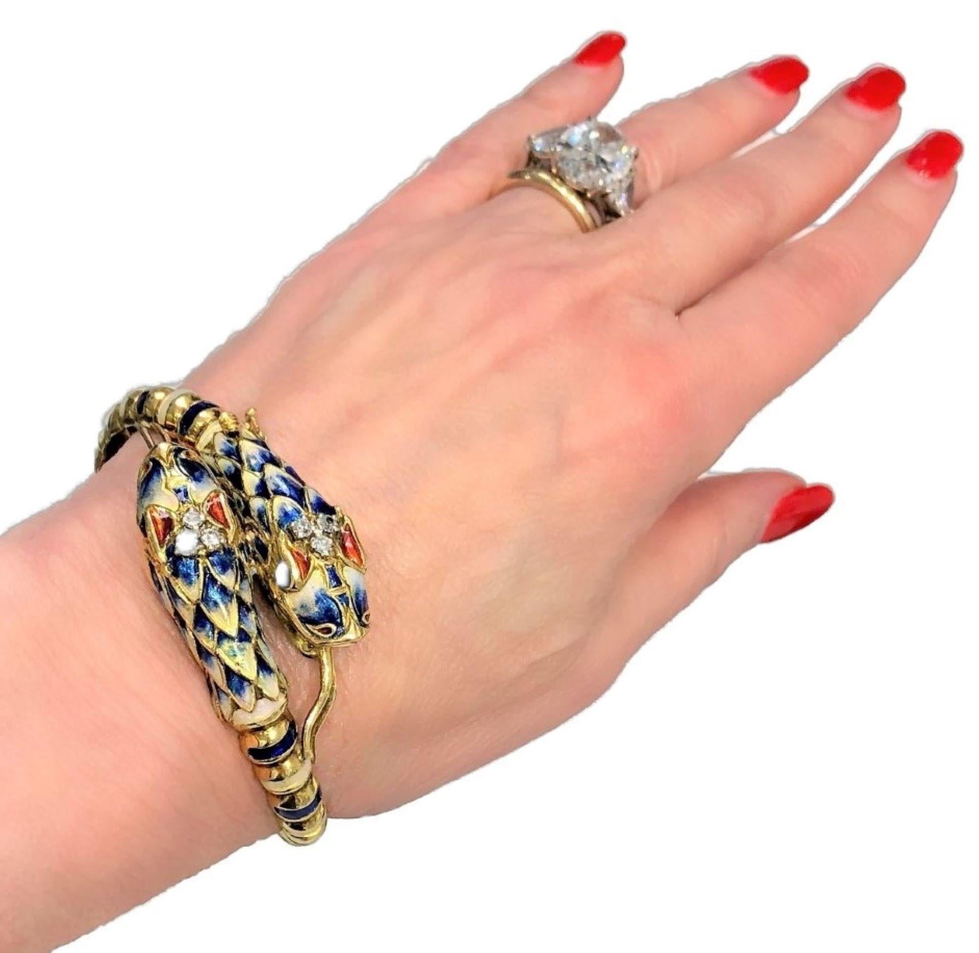 Two Headed Snake Bypass Bangle in Gold with Enamel and Diamonds 2