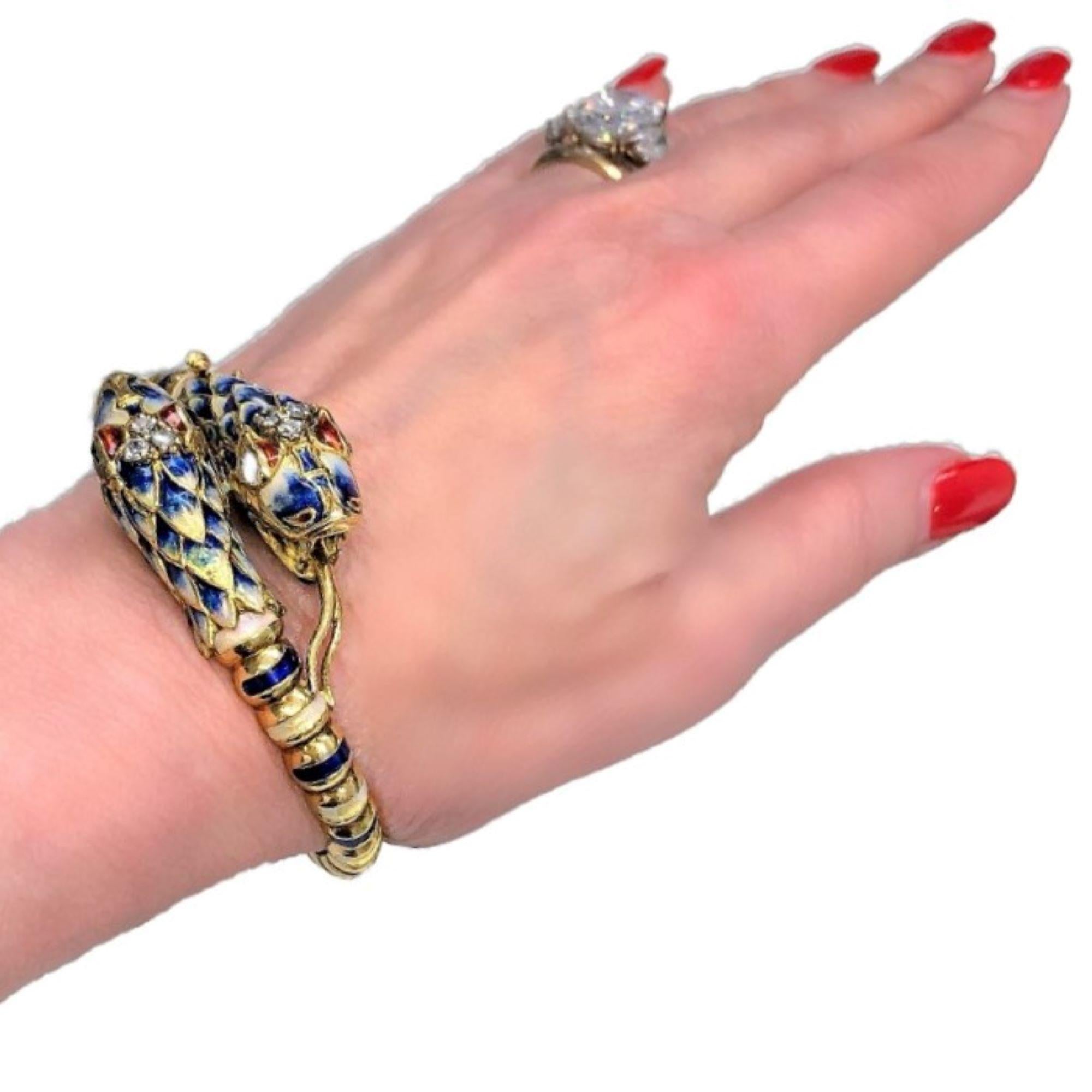 Two Headed Snake Bypass Bangle in Gold with Enamel and Diamonds 3