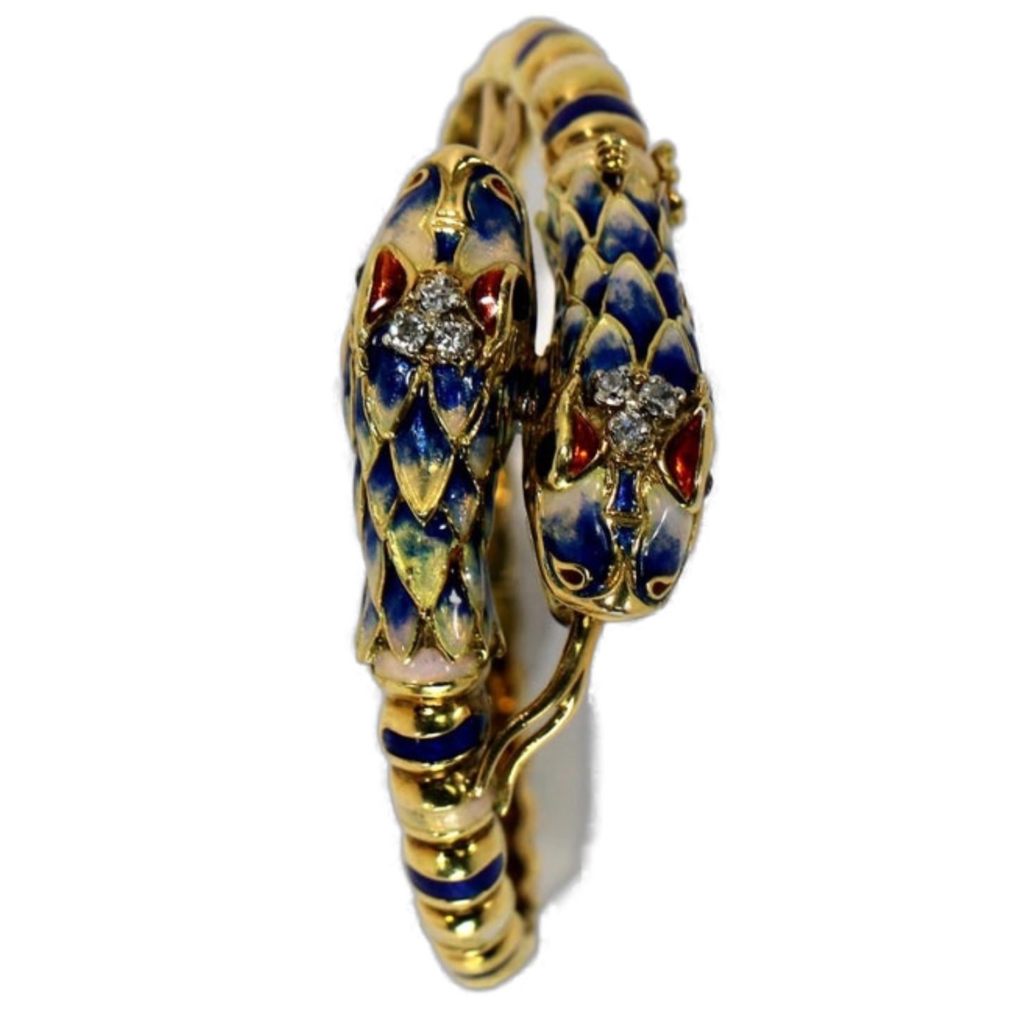Two Headed Snake Bypass Bangle in Gold with Enamel and Diamonds In Good Condition In Palm Beach, FL